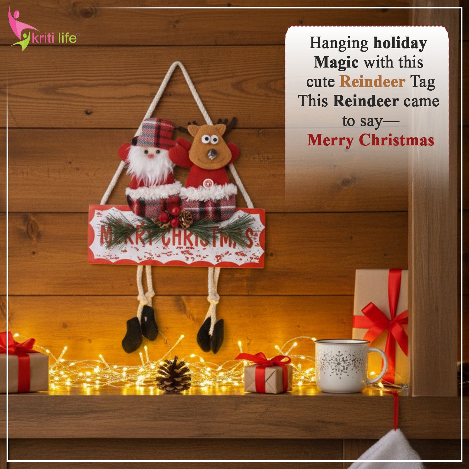 Santa & Reindeer Hanging Merry Christmas Wall Decor (Beige, 37×30 cm)