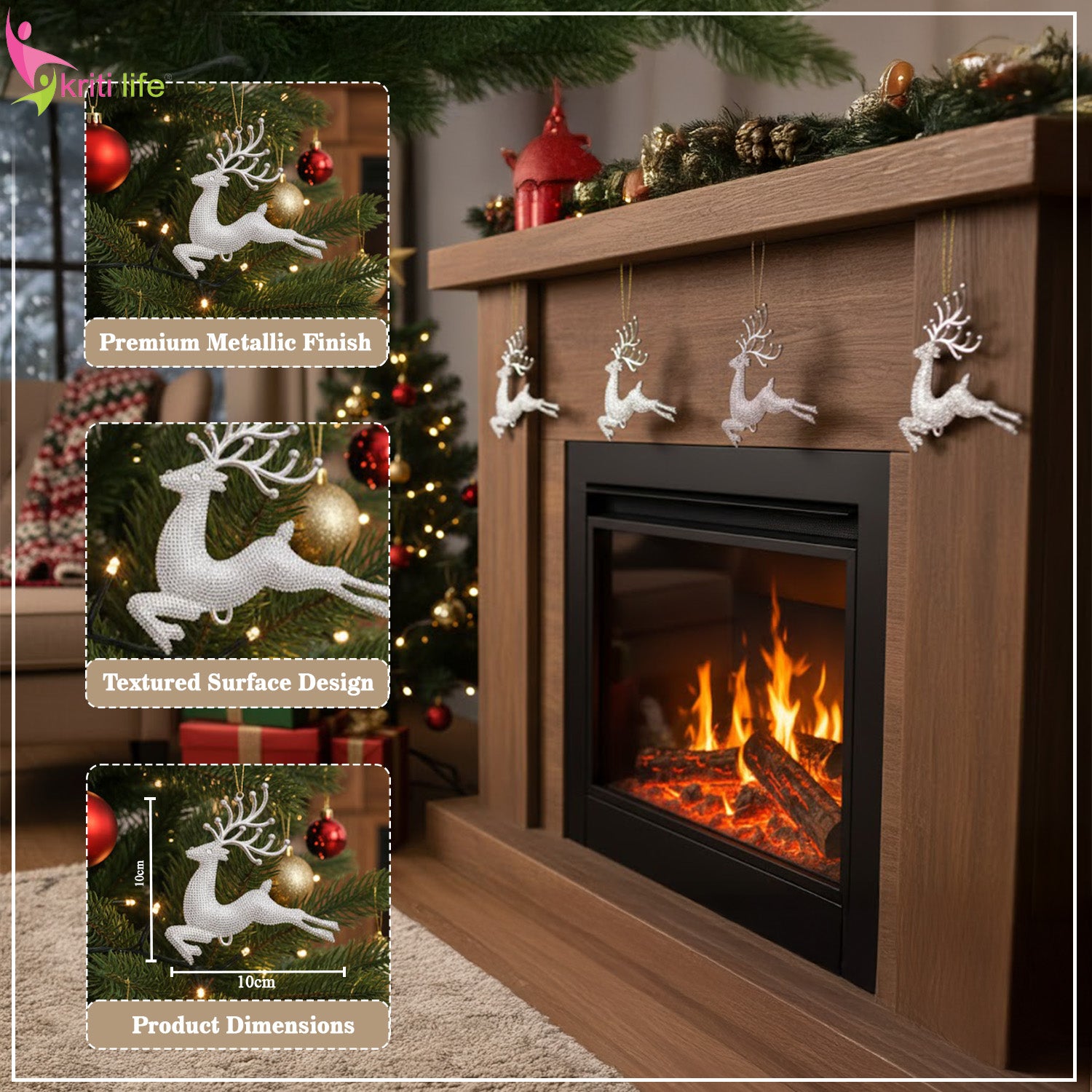 Silver Glitter Reindeer Christmas Ornaments – Hanging Décor (Pack of 4)