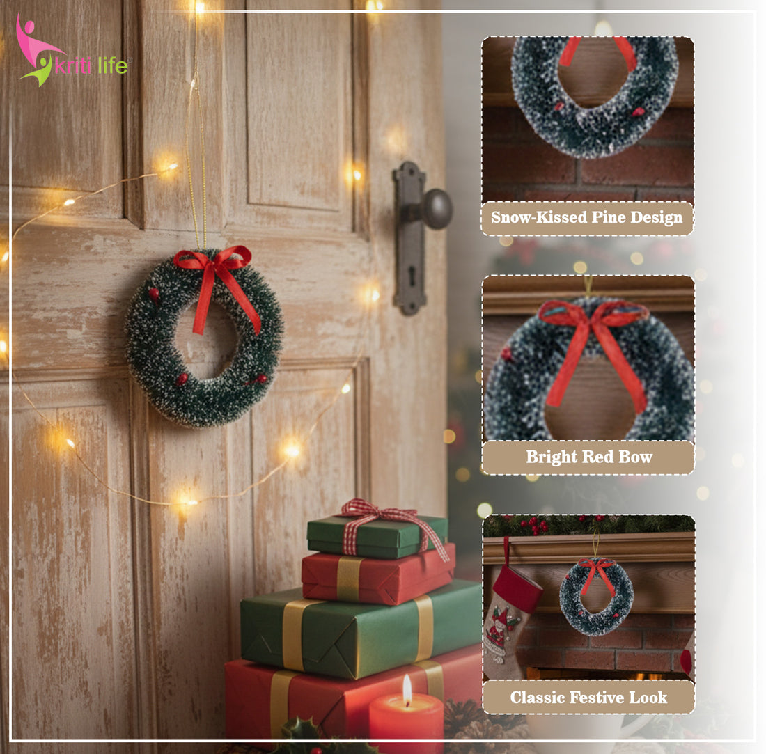 Frosted Christmas Wreath – Snow-Kissed Pine Hanging ( Beige Base)
