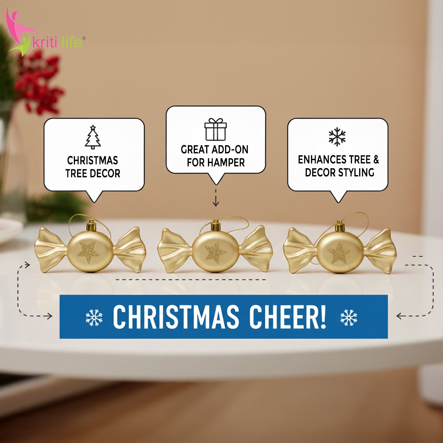 Golden Candy Christmas Tree Hanging Ornament – Set of 3 | Festive Glitter Star Decor