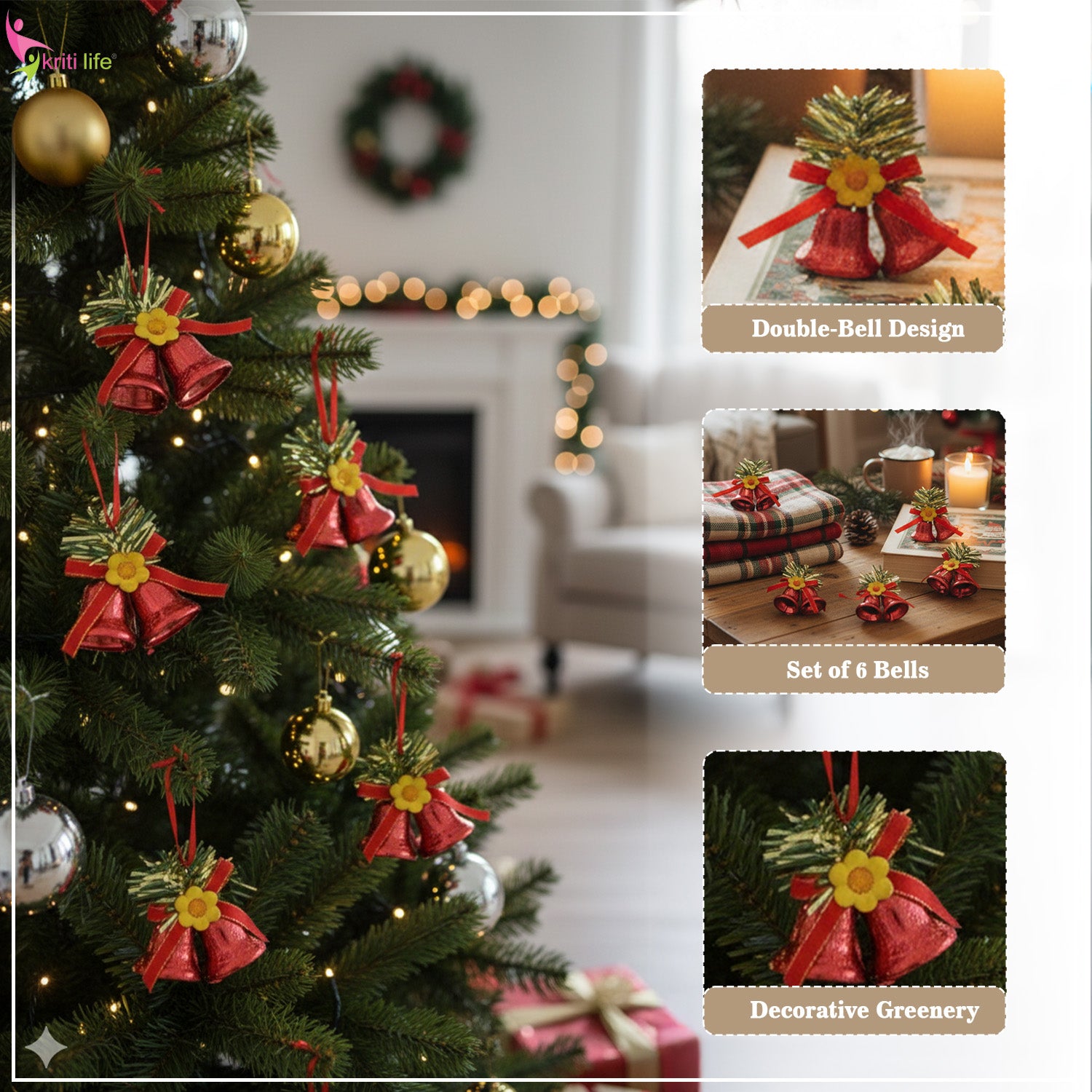 Decorative Christmas Red Double Bell Ornaments – Pack of 6