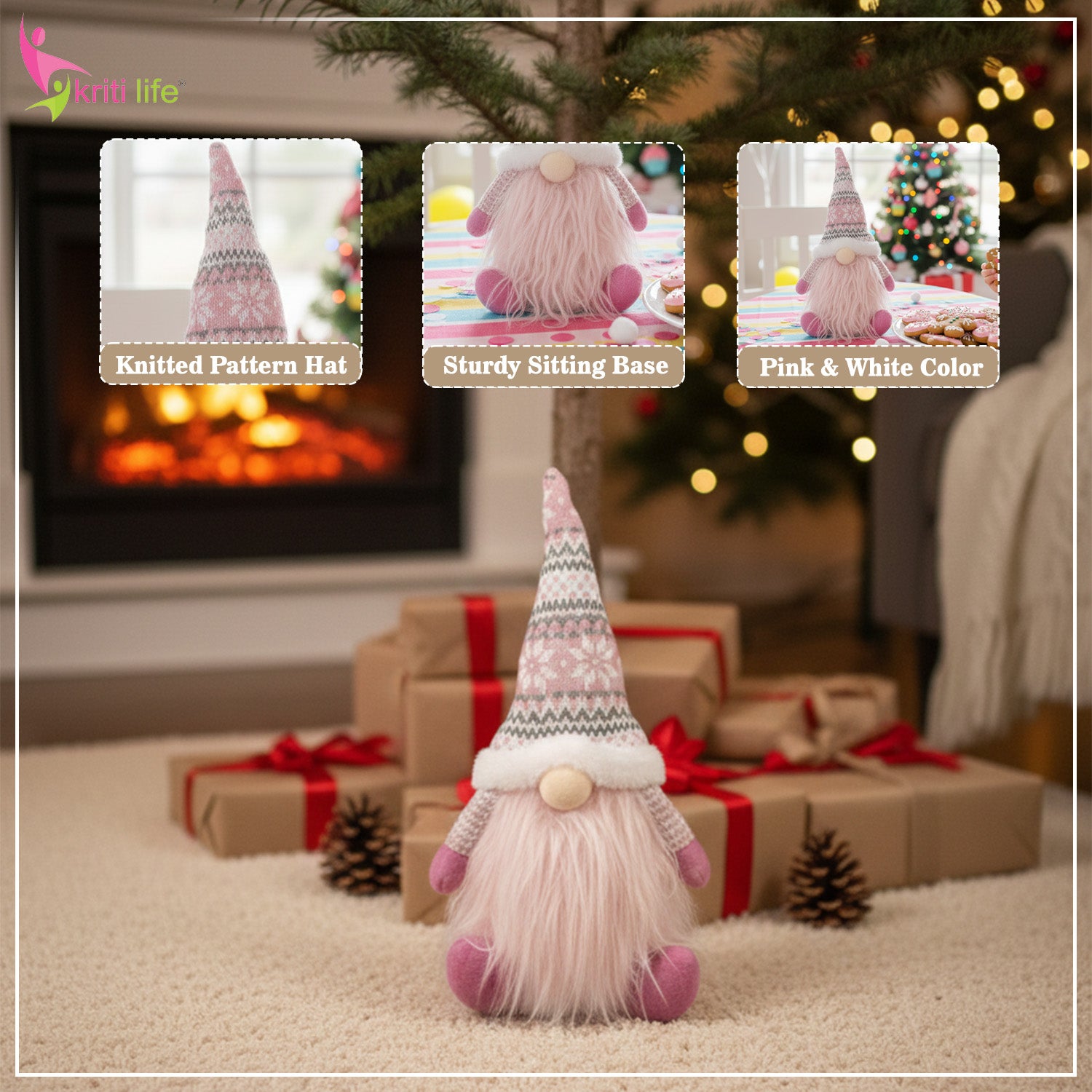 White & Pink Snowman Sitting Doll for Christmas Decor (20 cm)