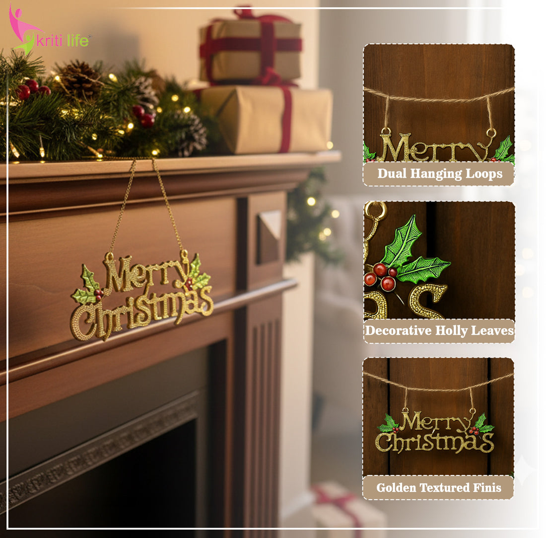 Merry Christmas Hanging Decor – Golden & Festive Wall/Tree Decoration
