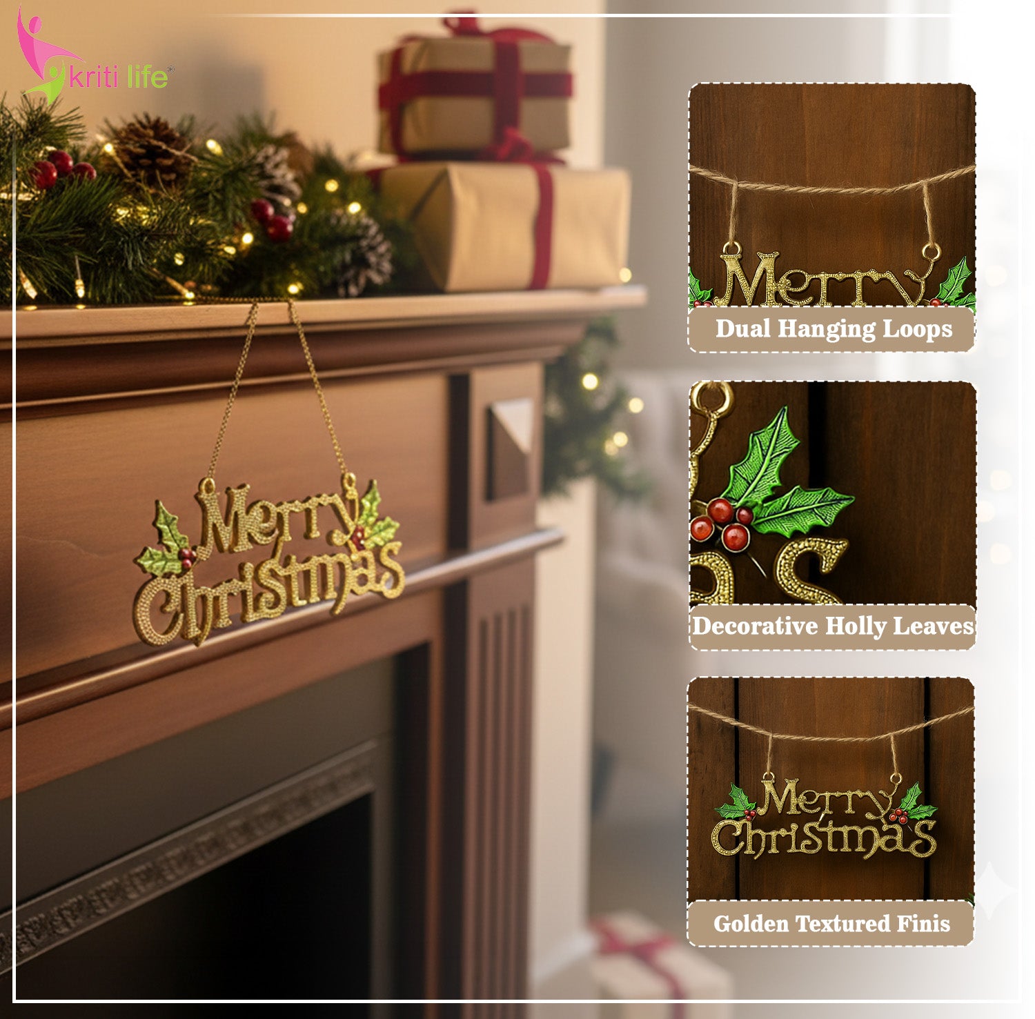 Merry Christmas Hanging Decor – Golden & Festive Wall/Tree Decoration