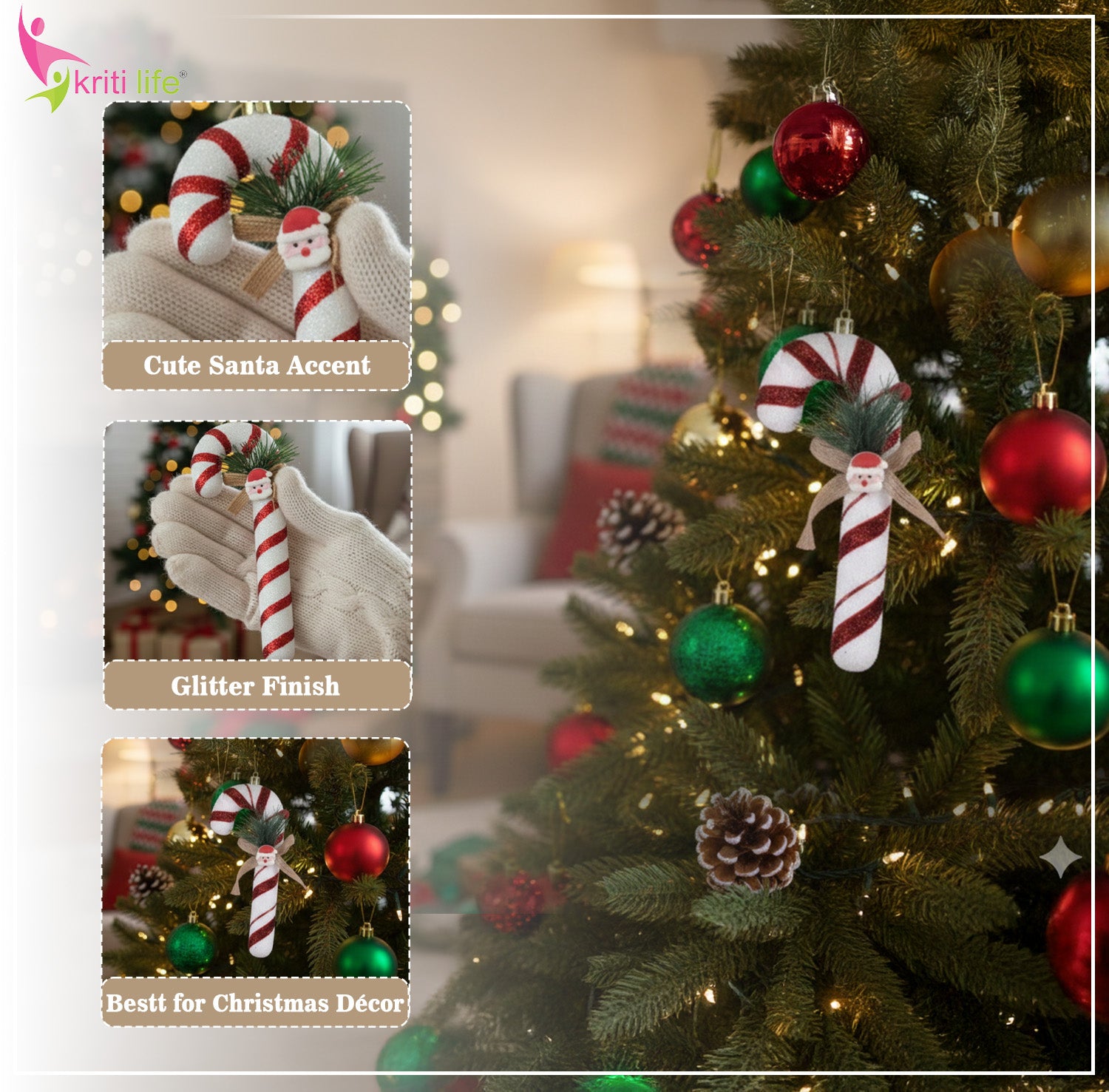 Santa Candy Cane Christmas Hanging Ornament – White & Red Glitter Décor - 7 inch