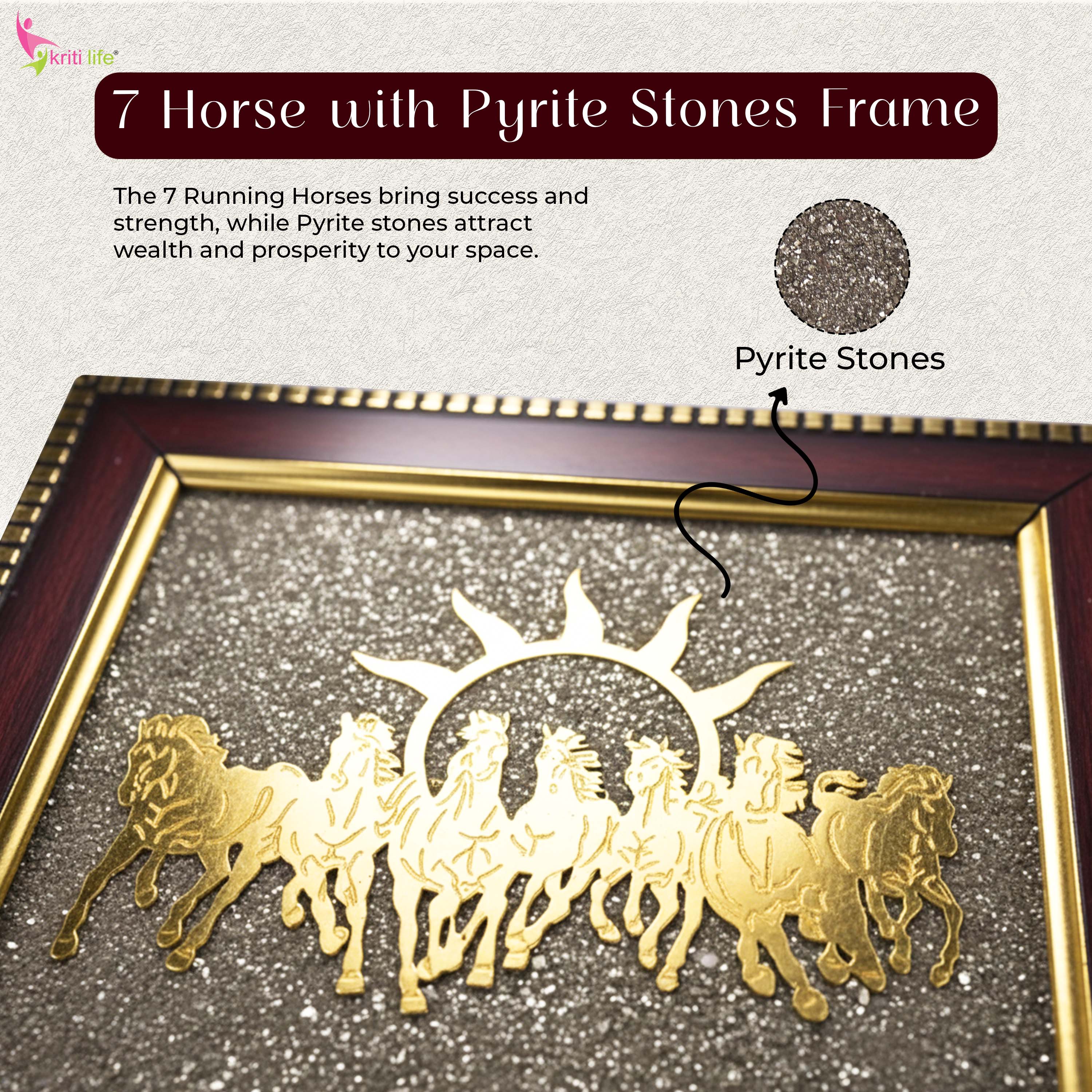 7 Running Horses Raw Pyrite Frame – Wealth, Success & Positive Energy