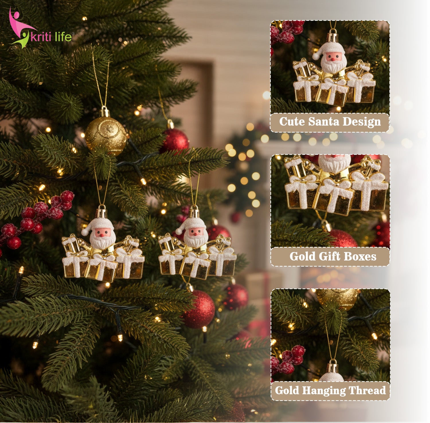Santa Gift Box Hanging Ornaments – Golden Christmas Tree Decor (Set of 2)