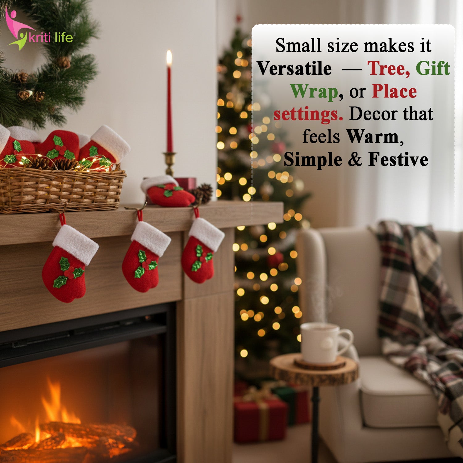 Mini Christmas Hanging Stocking Ornaments – Set of 6 Decorative Felt Mittens