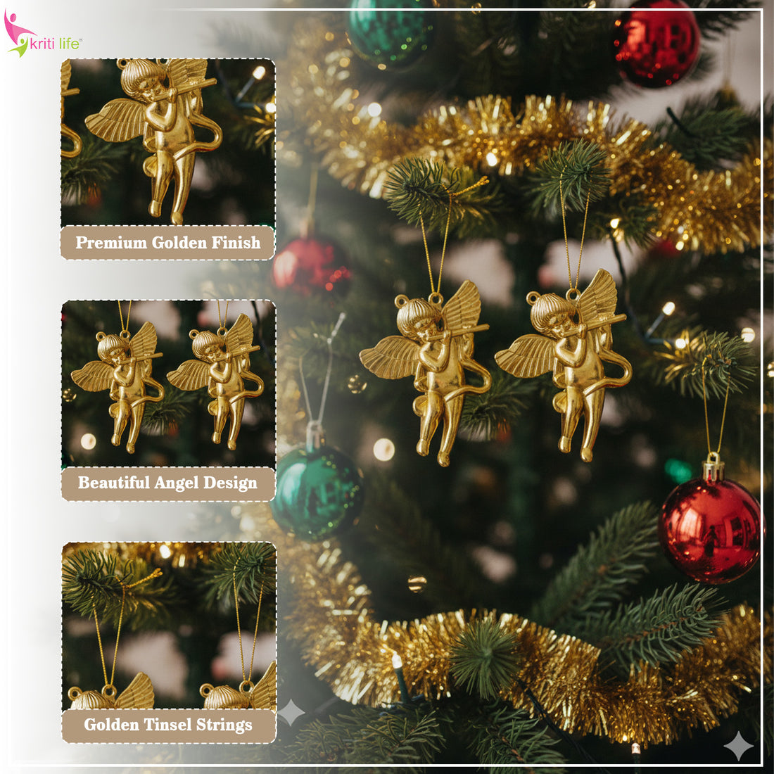 Golden Angel Christmas Hanging Ornaments – Pack of 2 (3 Inches)