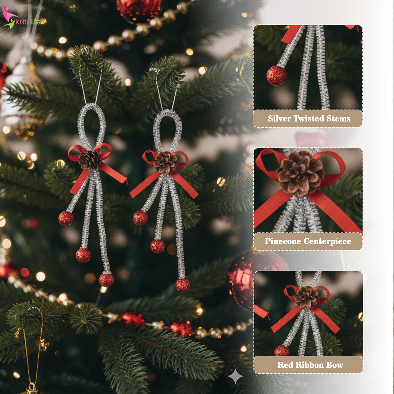 Festive Pinecone Ribbon Christmas Hanging Ornament - 7 inch
