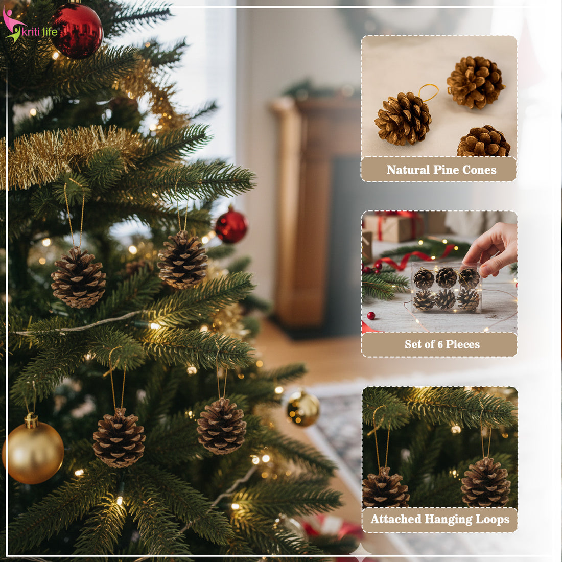 Natural Pine Cone Christmas Hanging Ornaments – Set of 6