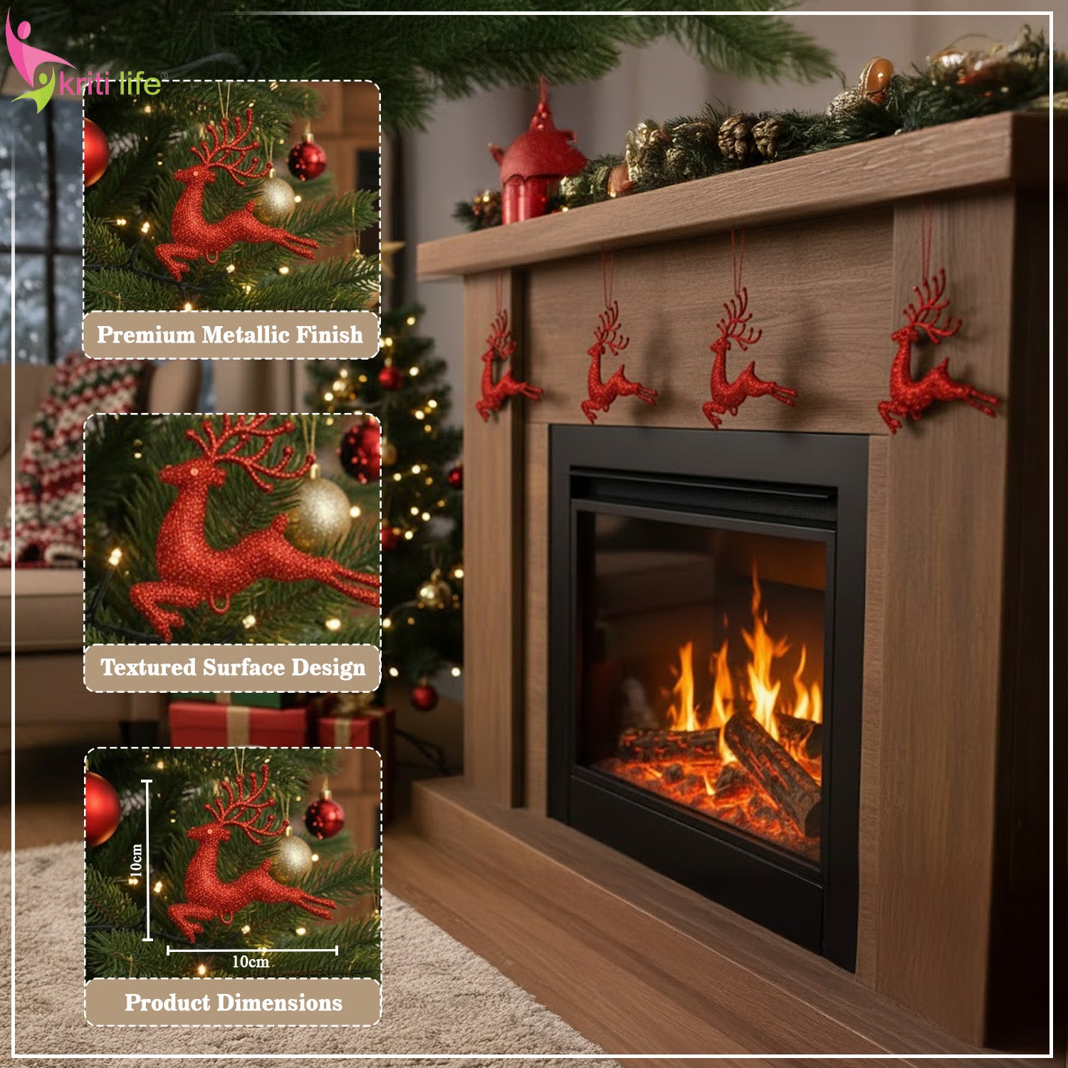 Red Glitter Reindeer Christmas Ornaments – Hanging Décor (Pack of 4)