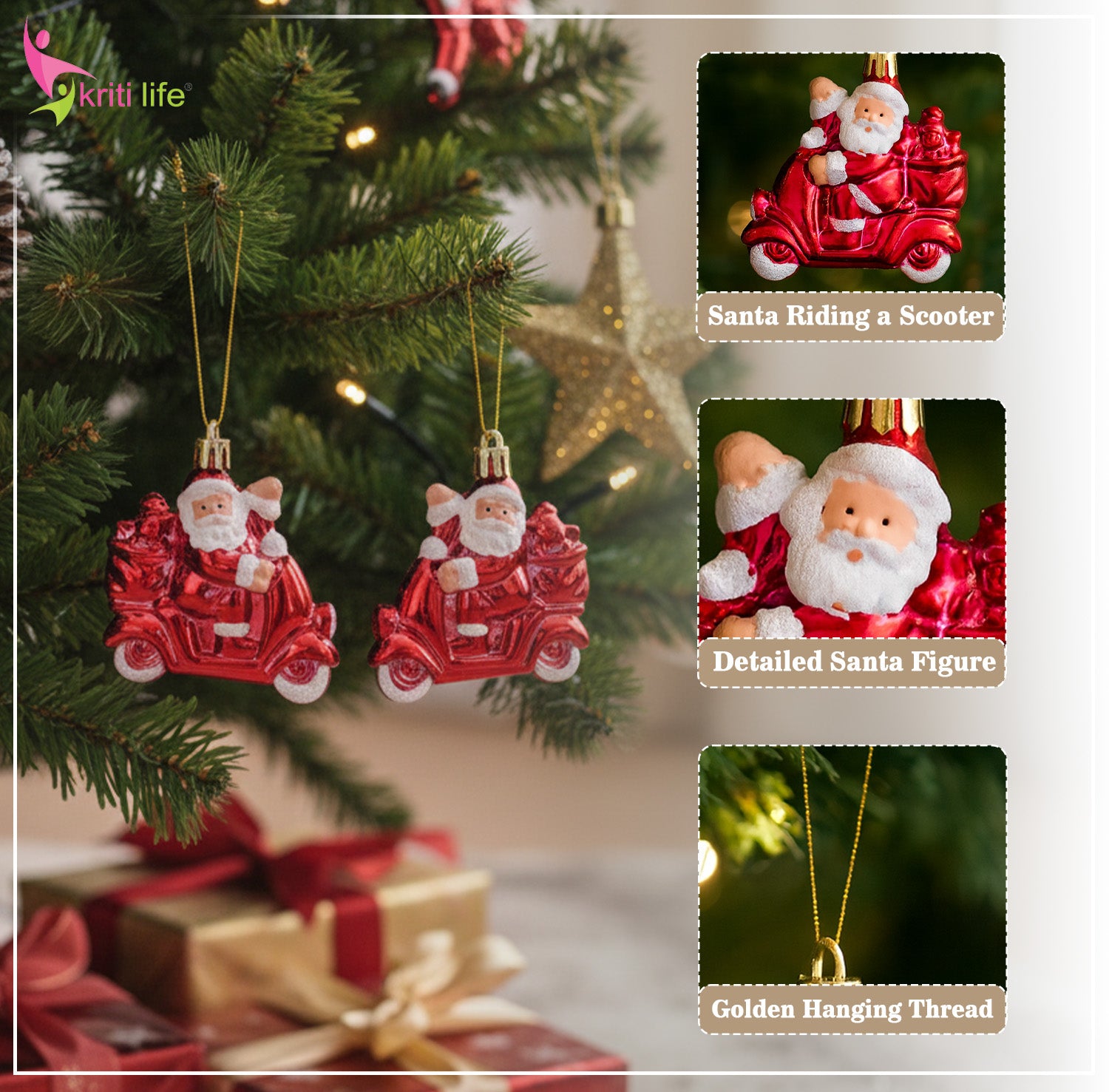 Santa Riding Scooter Christmas Hanging – Set of 2