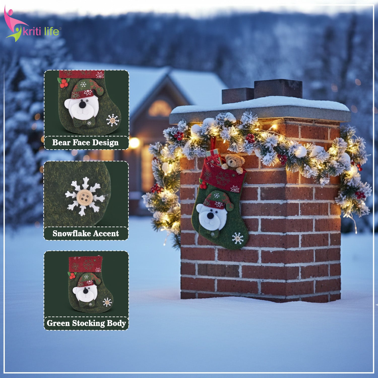 Christmas Bear Stocking – Cute Green Hanging Decoration for Gifts