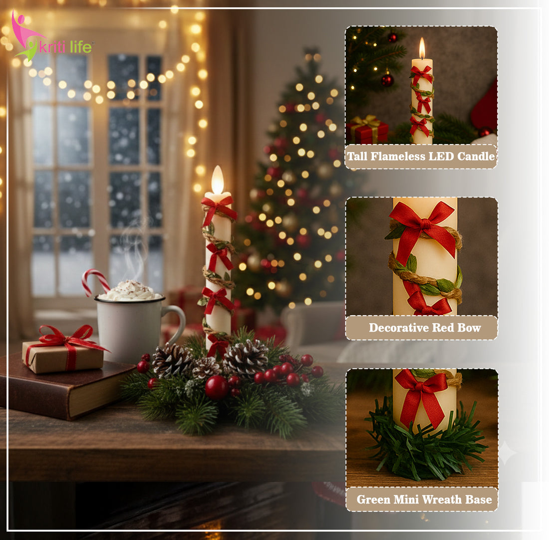 Electric Light-Up Christmas Candle with Decorative Red Bow & Wreath Base