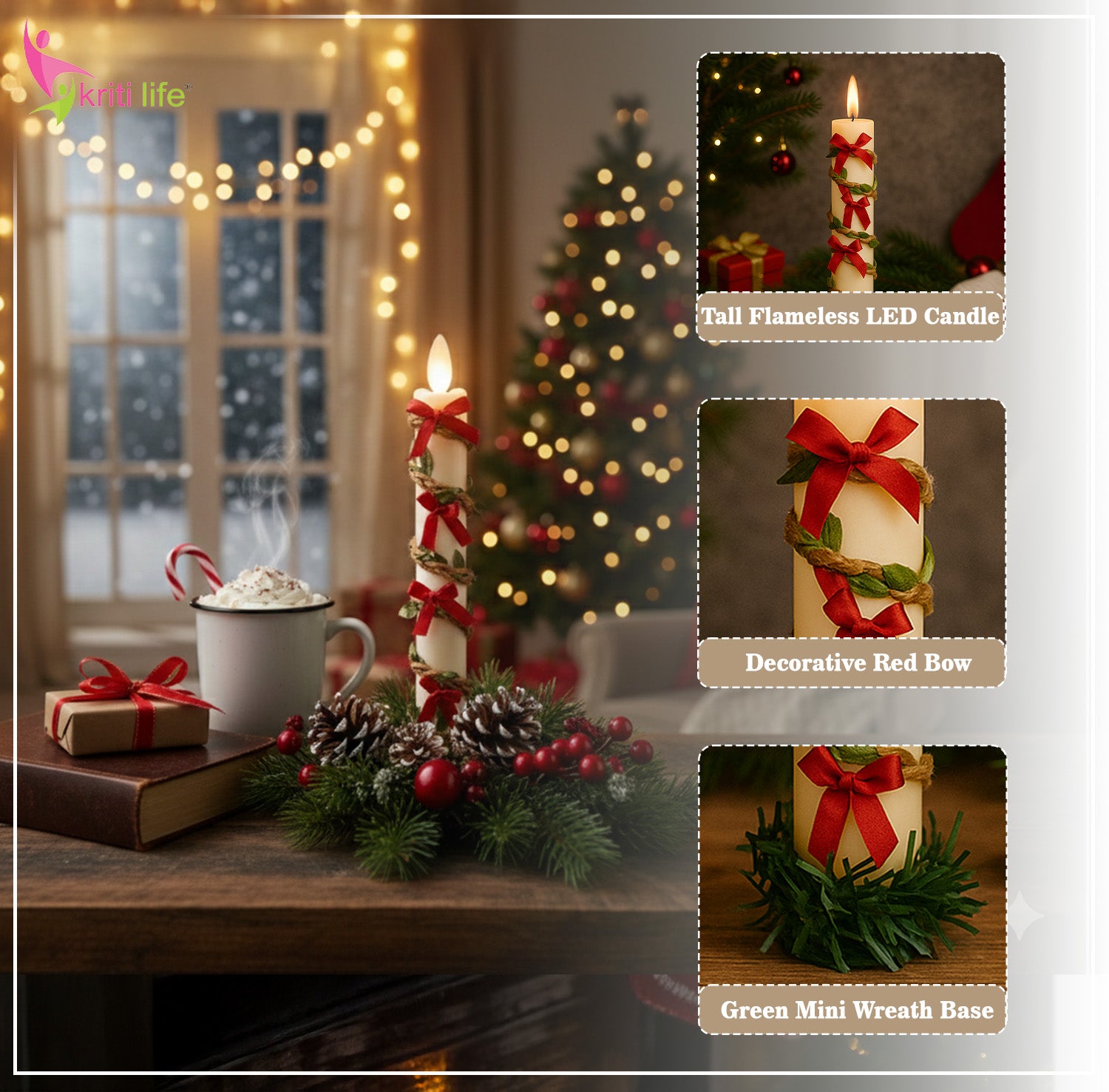 Electric Light-Up Christmas Candle with Decorative Red Bow & Wreath Base