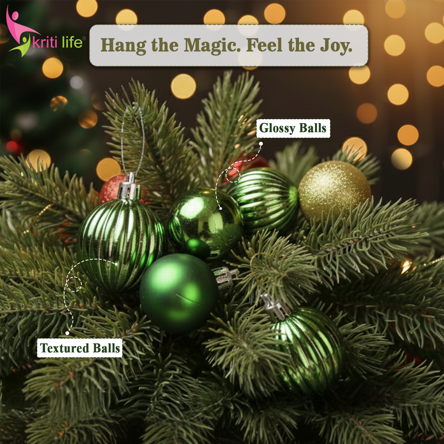 Green Christmas Tree Hanging Balls – Pack of 24 | Glossy, Matte & Glitter Ornaments