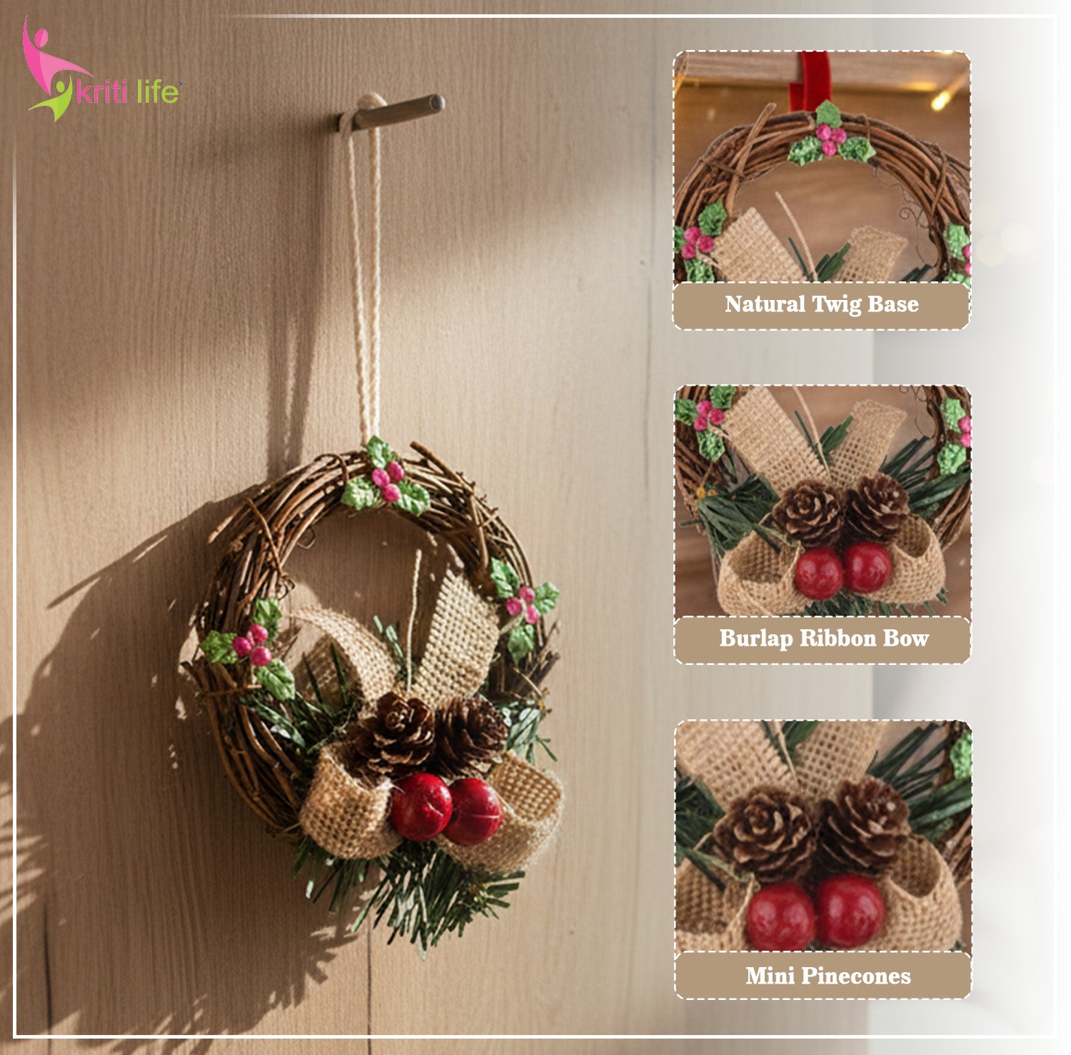 Rustic Christmas Twig Wreath with Pinecones & Berries