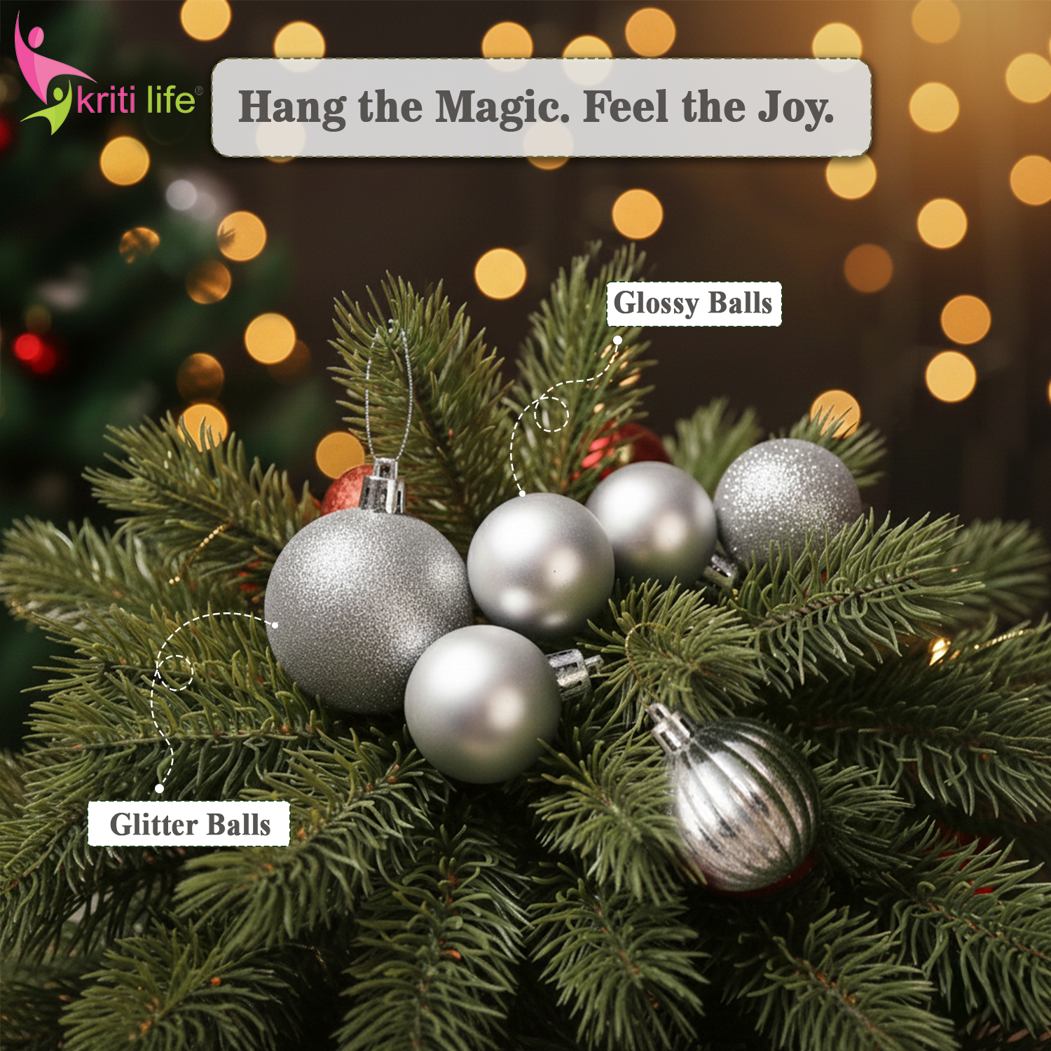 Silver Christmas Tree Hanging Balls – Pack of 24 | Glossy & Glitter Ornaments