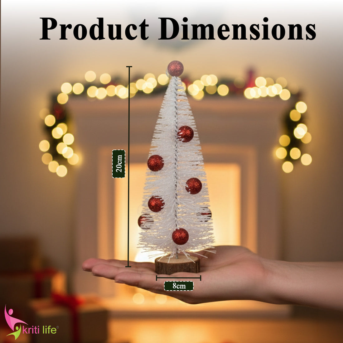 Mini White Table Christmas Tree with Red Balls – 20 cm | Wooden Base