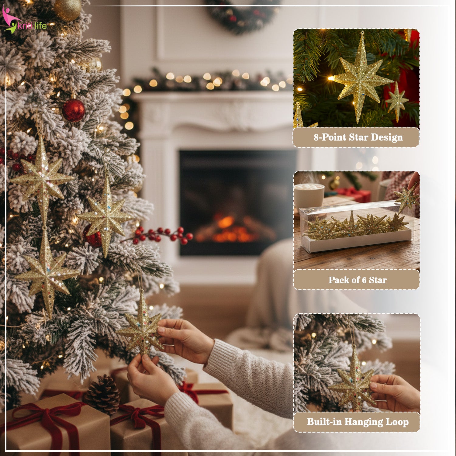 Golden Glitter Star Christmas Hanging Ornaments – Pack of 6