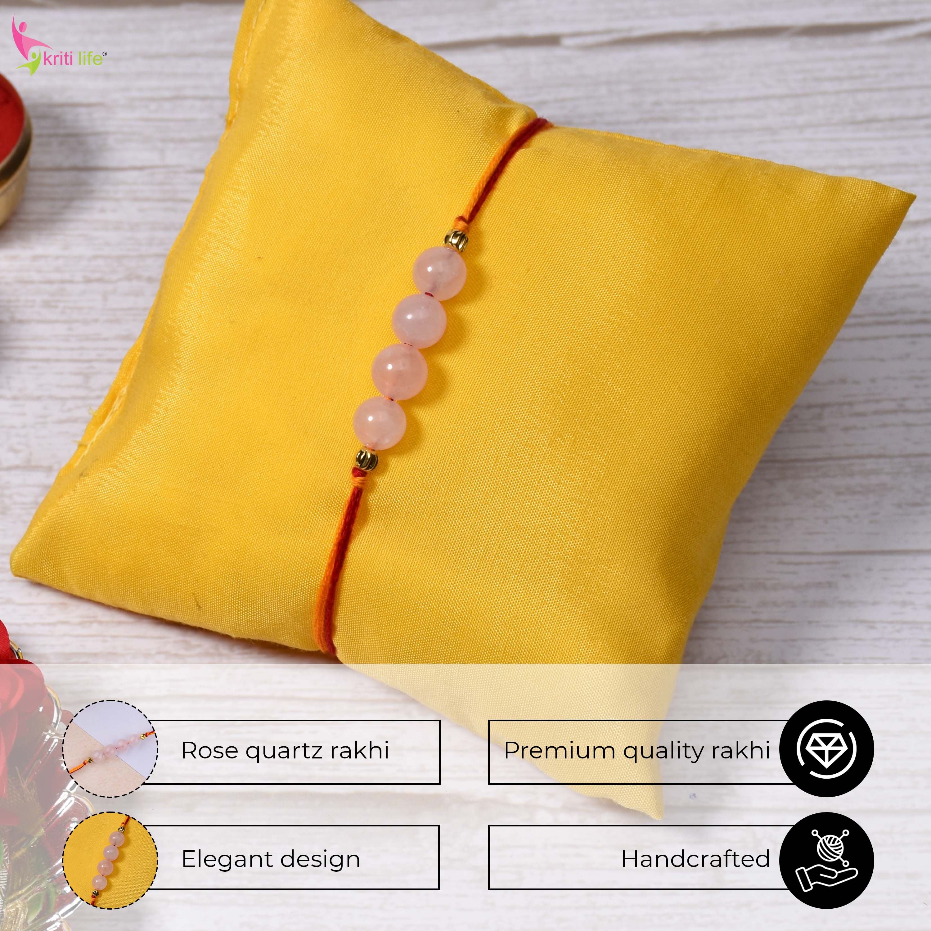 Rose Quartz Rakhi | Handmade Natural Stone Raksha Bandhan Thread for Brother