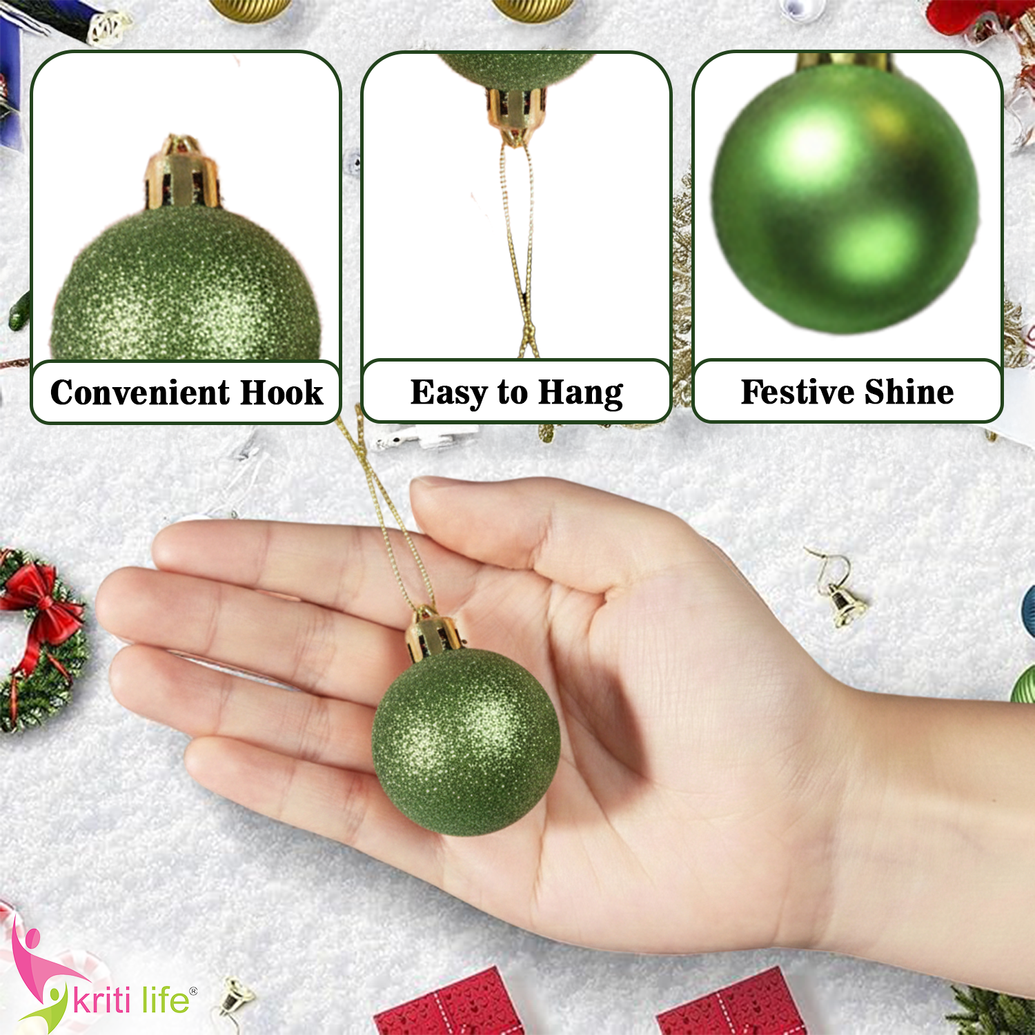 Green Christmas Tree Hanging Balls – Pack of 24 | Glossy, Matte & Glitter Ornaments
