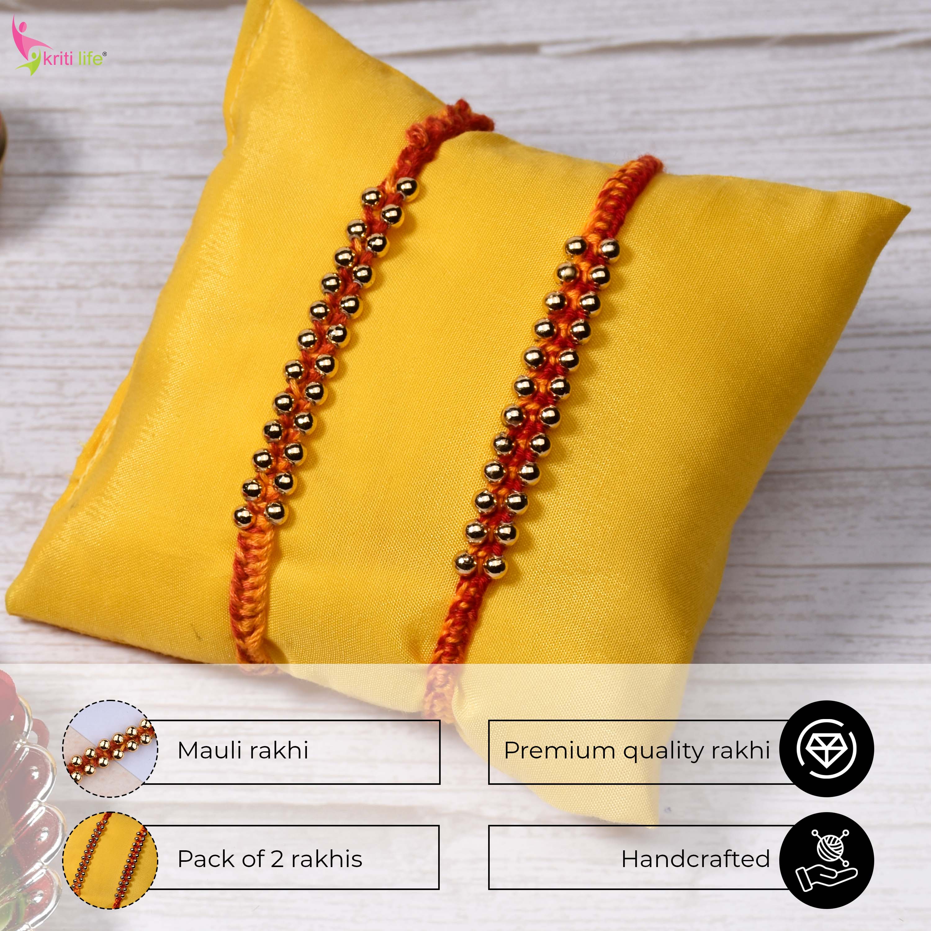 Handmade Mouli Thread Golden Beads Rakhi Set of 2