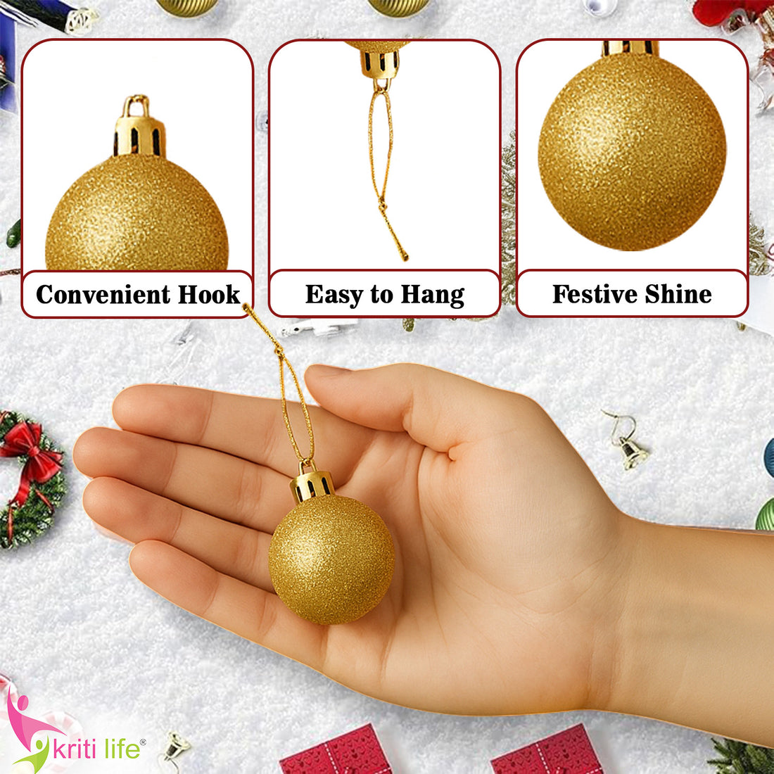 Gold Christmas Tree Hanging Balls – Set of 16 (Beige/Gold)
