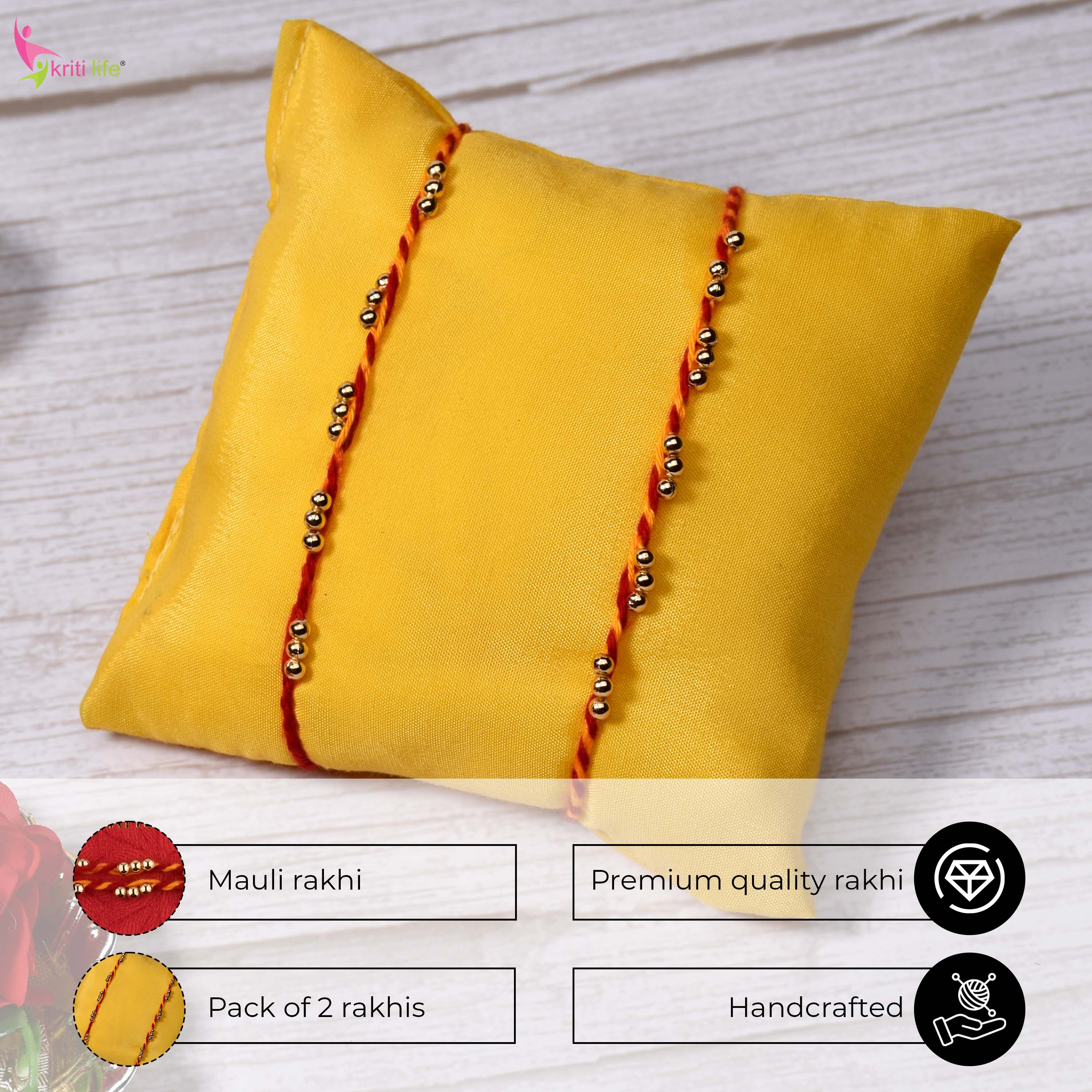 Traditional Mouli Thread Rakhi Set of 2 with Golden Beads