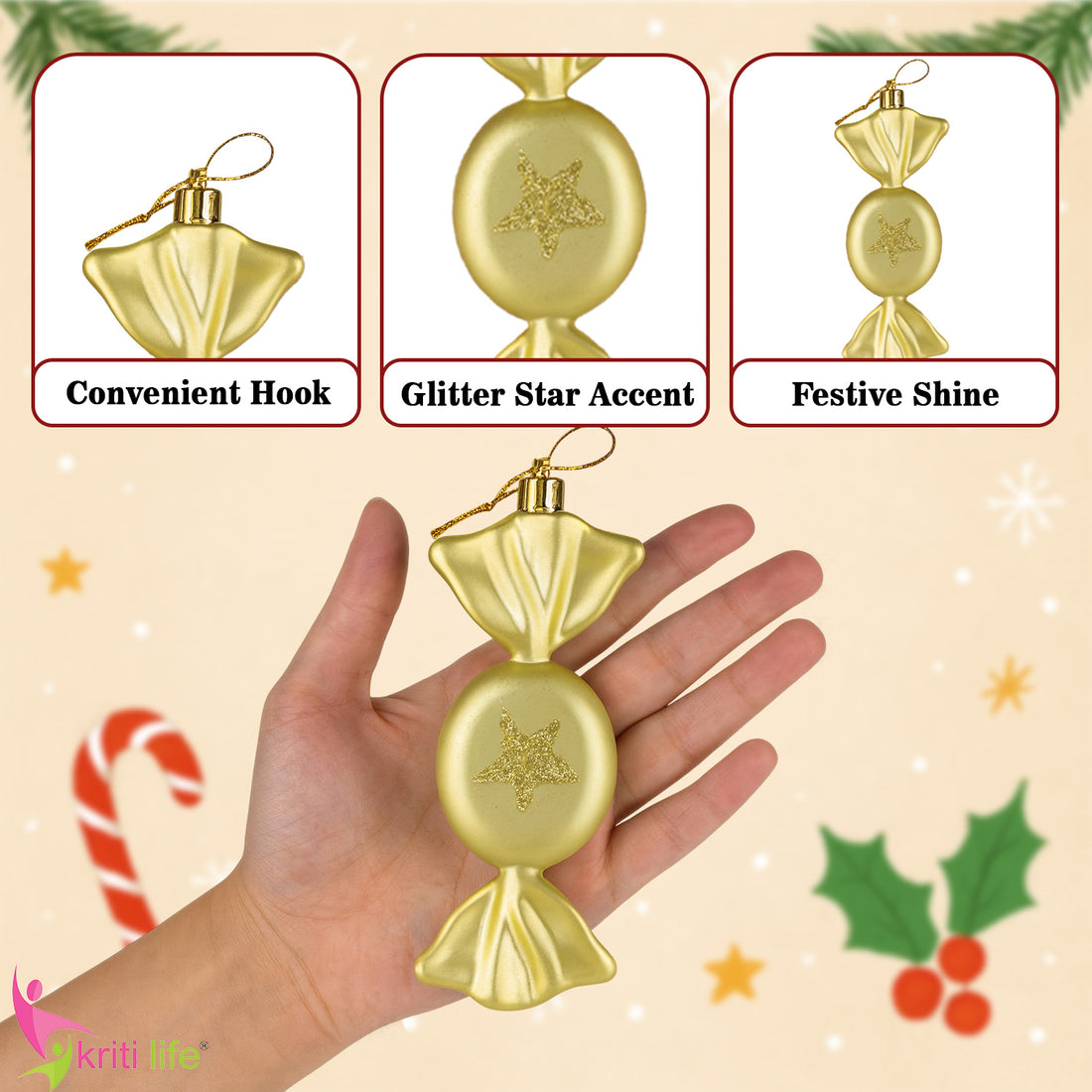 Golden Candy Christmas Tree Hanging Ornament – Set of 3 | Festive Glitter Star Decor