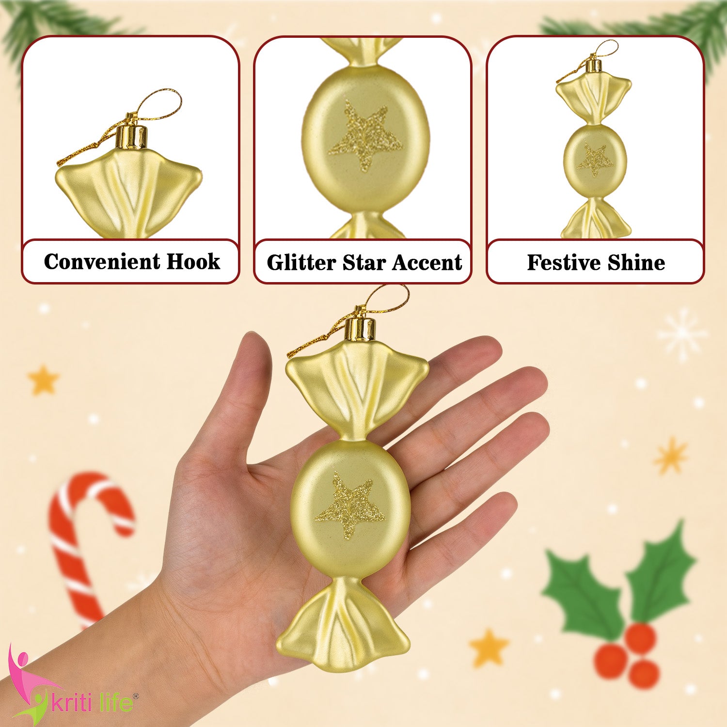 Golden Candy Christmas Tree Hanging Ornament – Set of 3 | Festive Glitter Star Decor