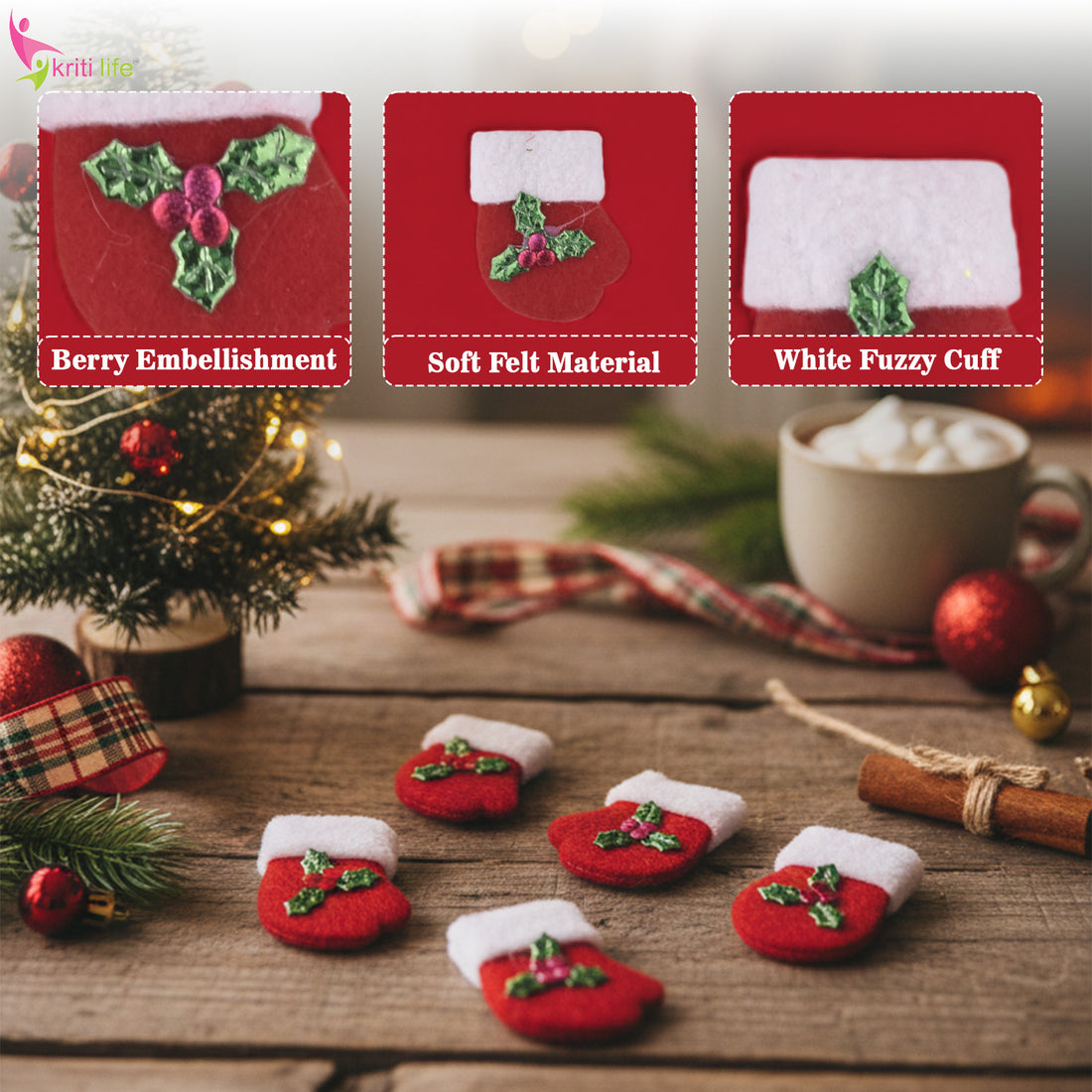 Mini Christmas Hanging Stocking Ornaments – Set of 6 Decorative Felt Mittens