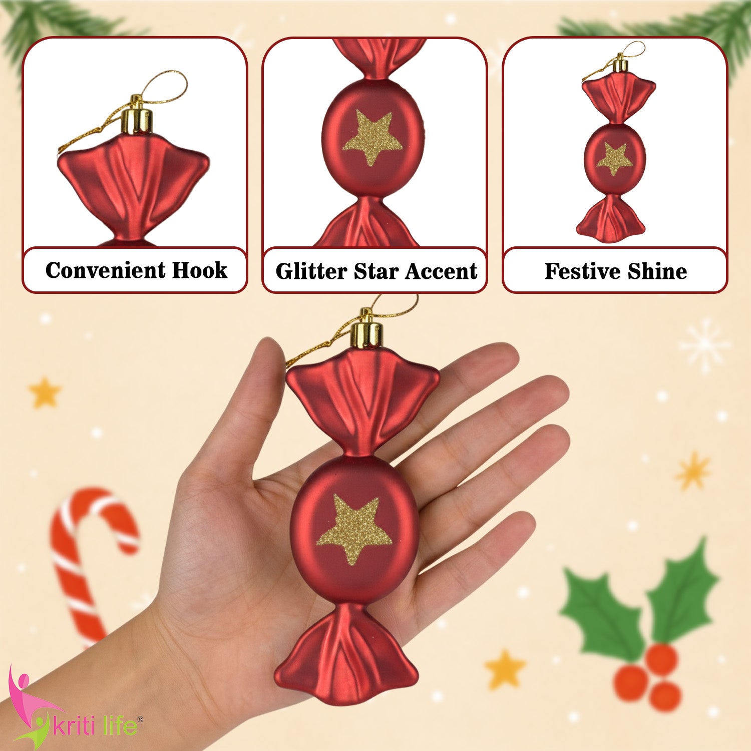 Red Candy Christmas Tree Hanging Ornament – Set of 3 | Festive Glitter Star Decor