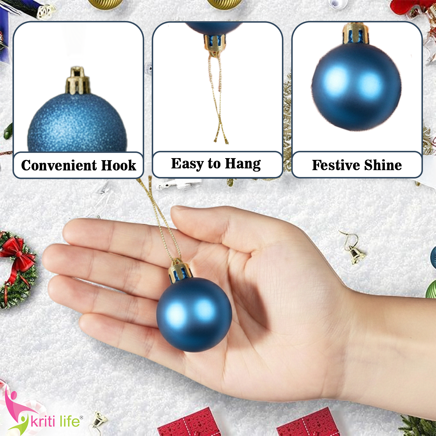 Blue Glossy & Glitter Christmas Tree Hanging Balls – Set of 24 | Festive Ornaments