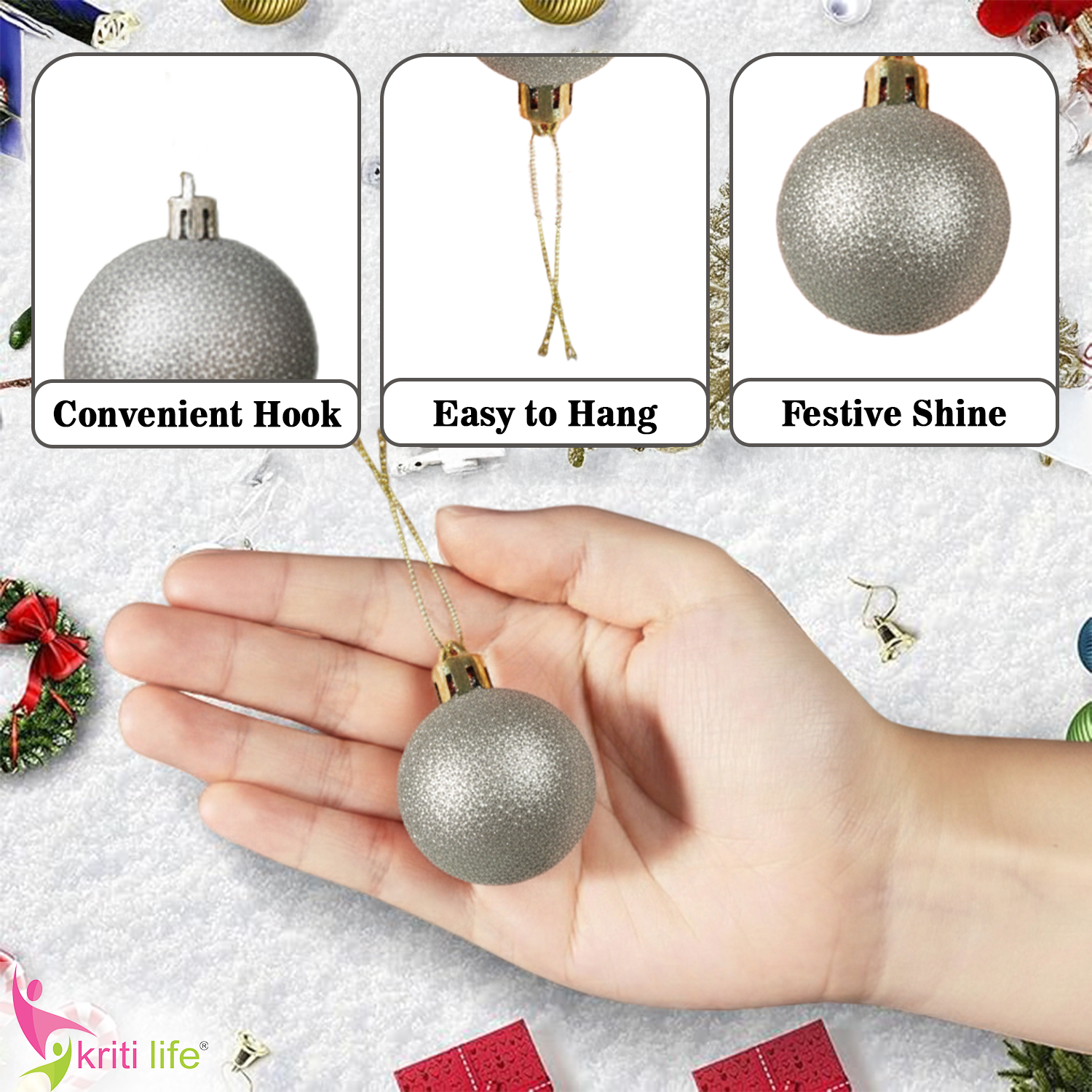 Silver Christmas Tree Hanging Balls – Pack of 24 | Glossy & Glitter Ornaments