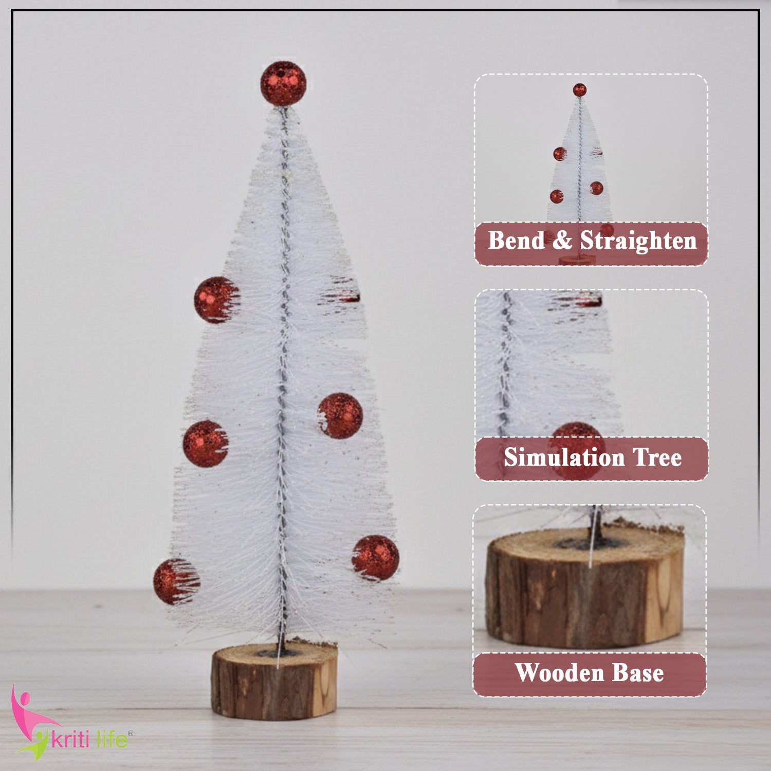 Mini White Table Christmas Tree with Red Balls – 20 cm | Wooden Base