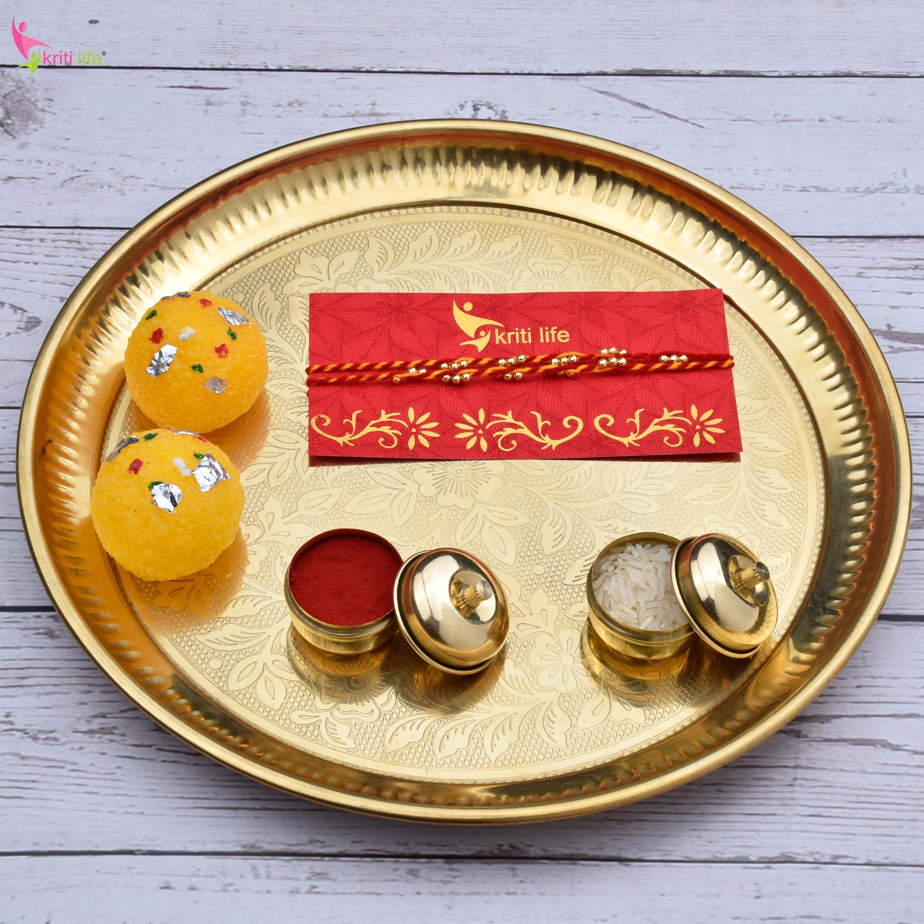 Traditional Mouli Thread Rakhi Set of 2 with Golden Beads