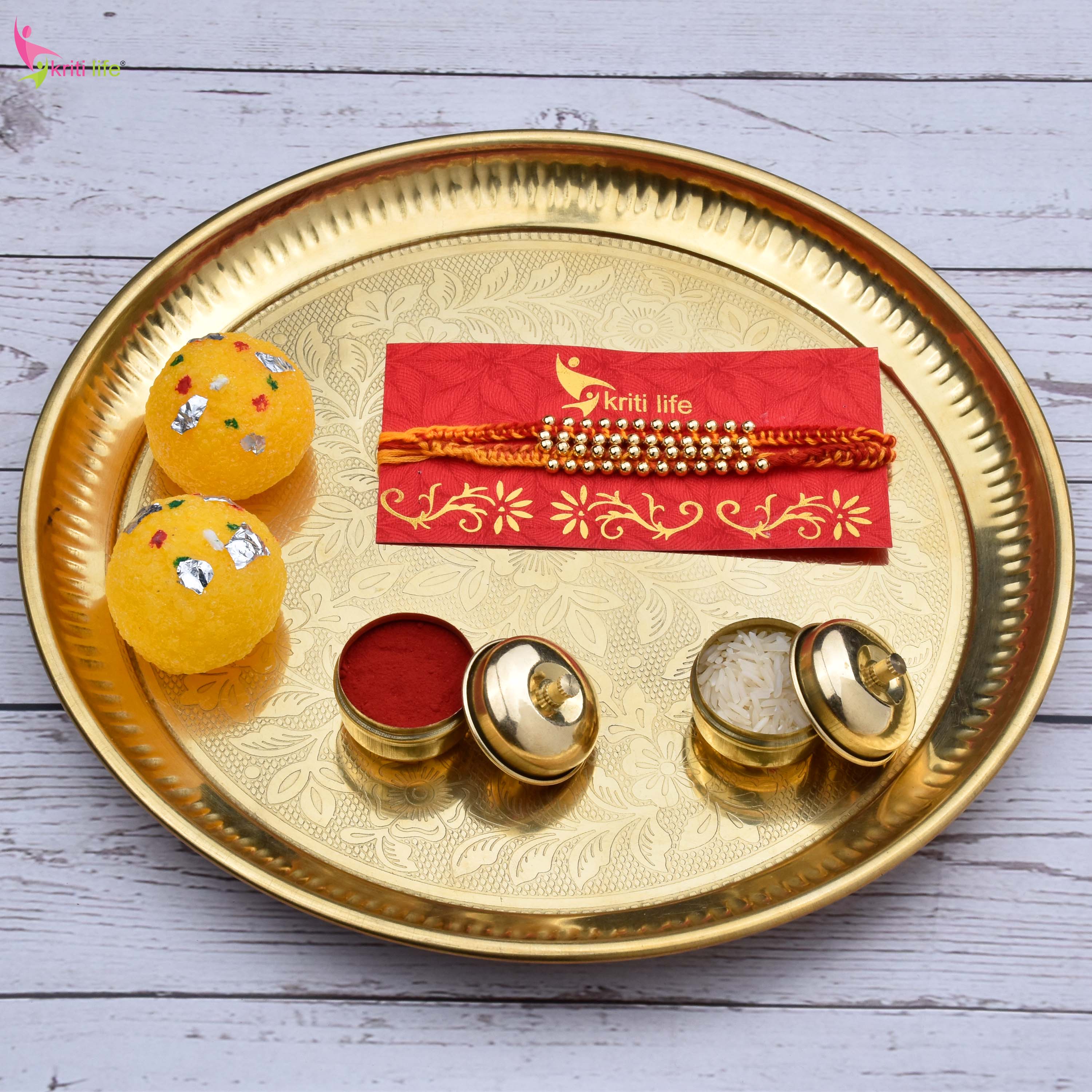 Handmade Mouli Thread Golden Beads Rakhi Set of 2