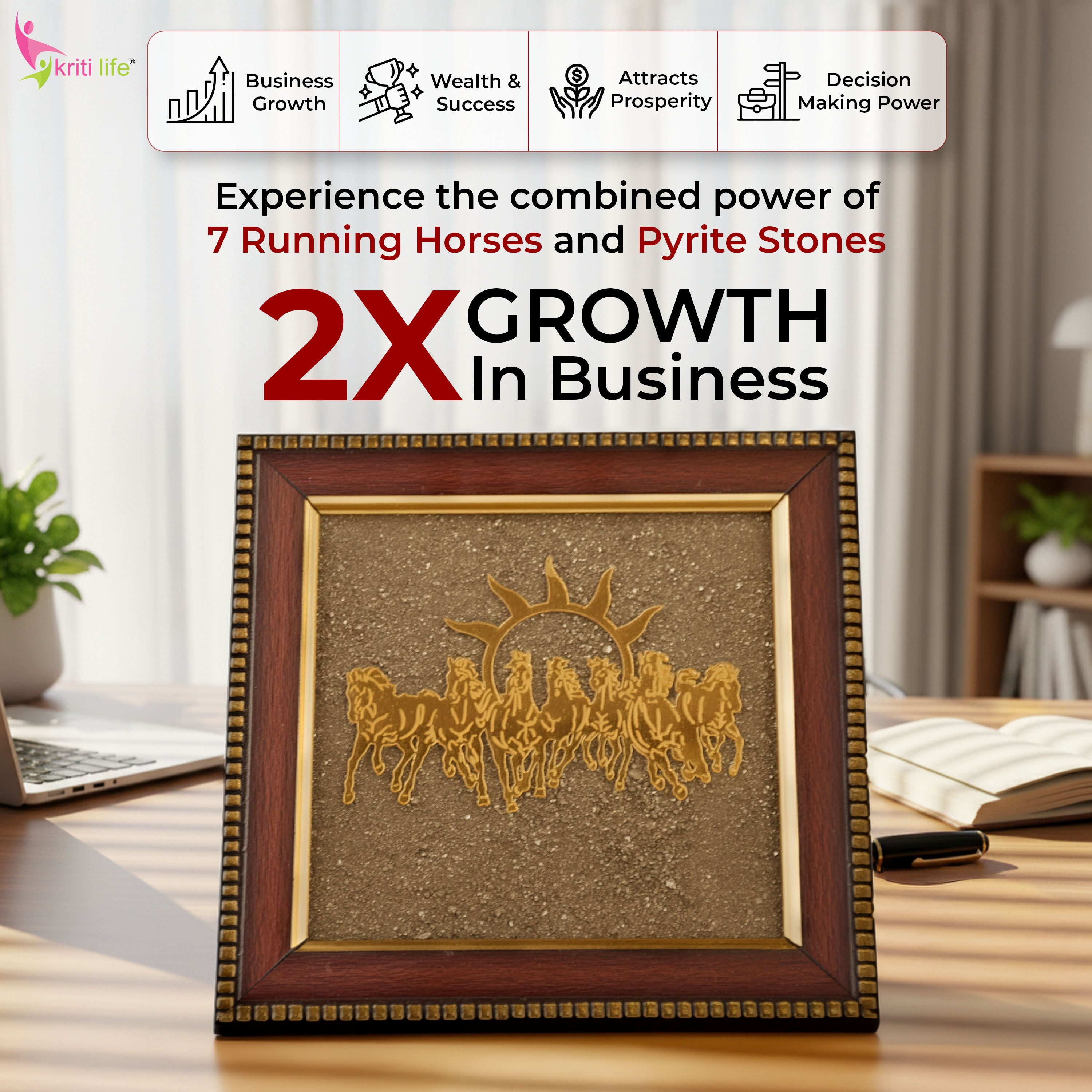 7 Running Horses Raw Pyrite Frame – Wealth, Success & Positive Energy