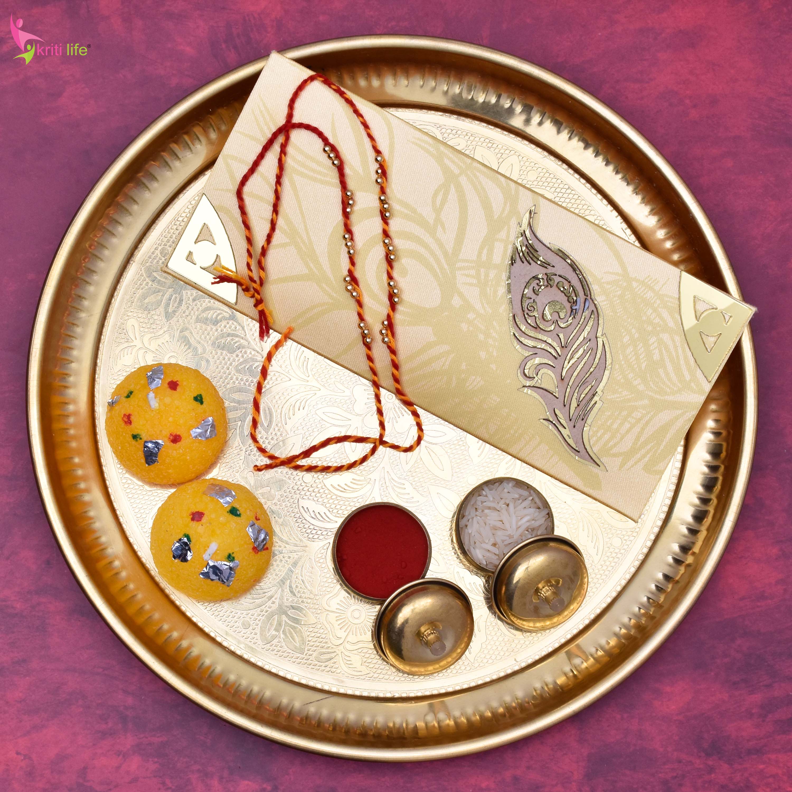 Traditional Mouli Thread Rakhi Set of 2 with Golden Beads
