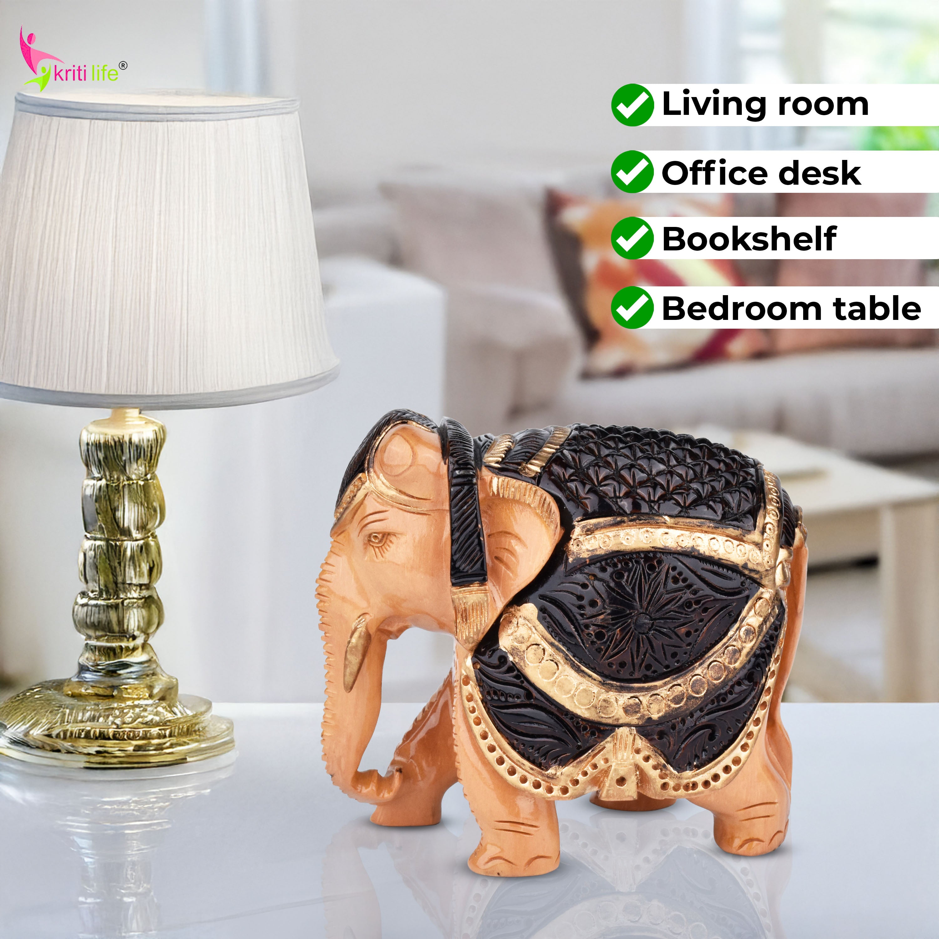 Handcrafted Wooden Elephant Showpiece | Brawn & Gold Painted Rajasthani Art- 4.5 inches