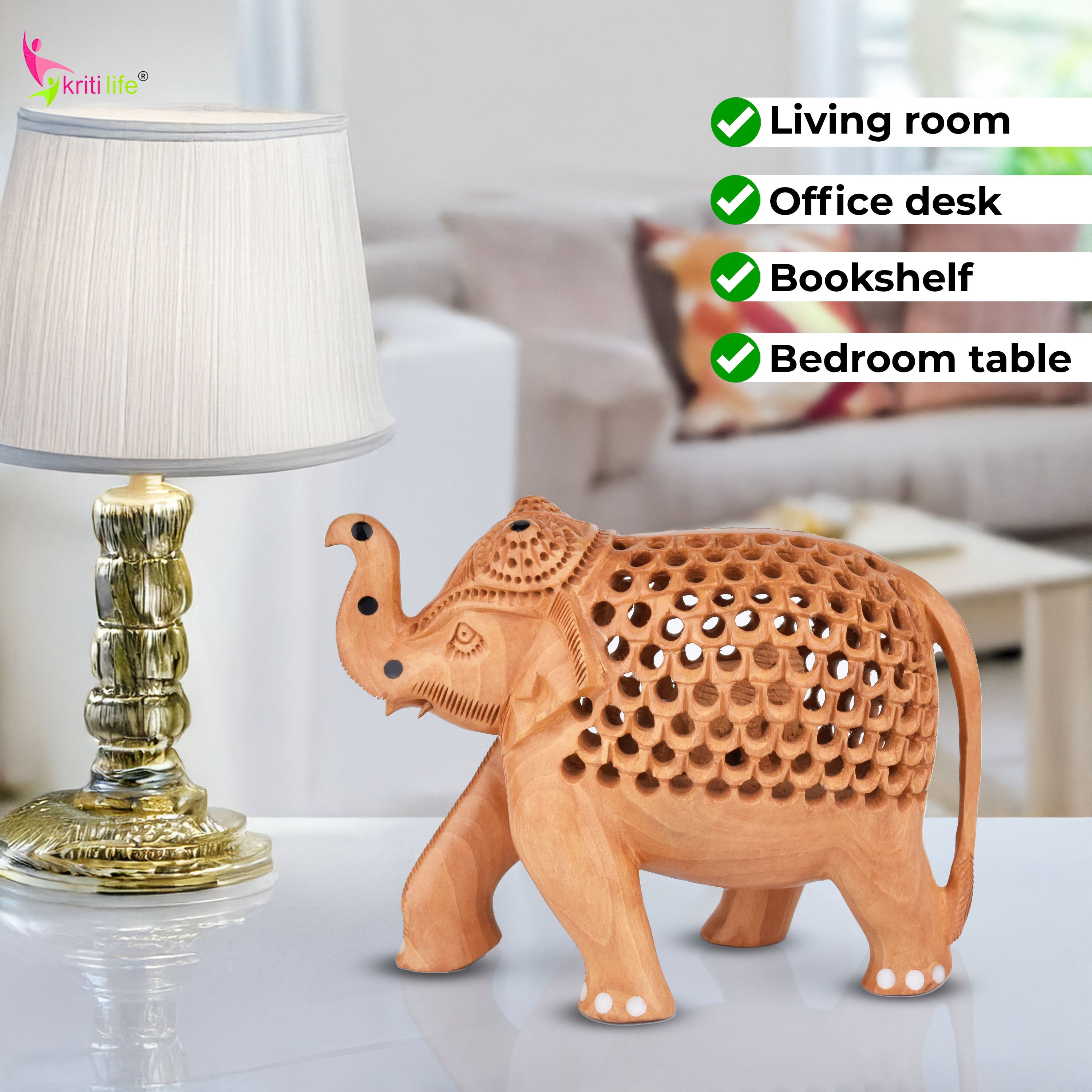 Handcrafted Wooden Jali Work Elephant | Baby Elephant Inside | Natural Wood Finish-5.5 inches