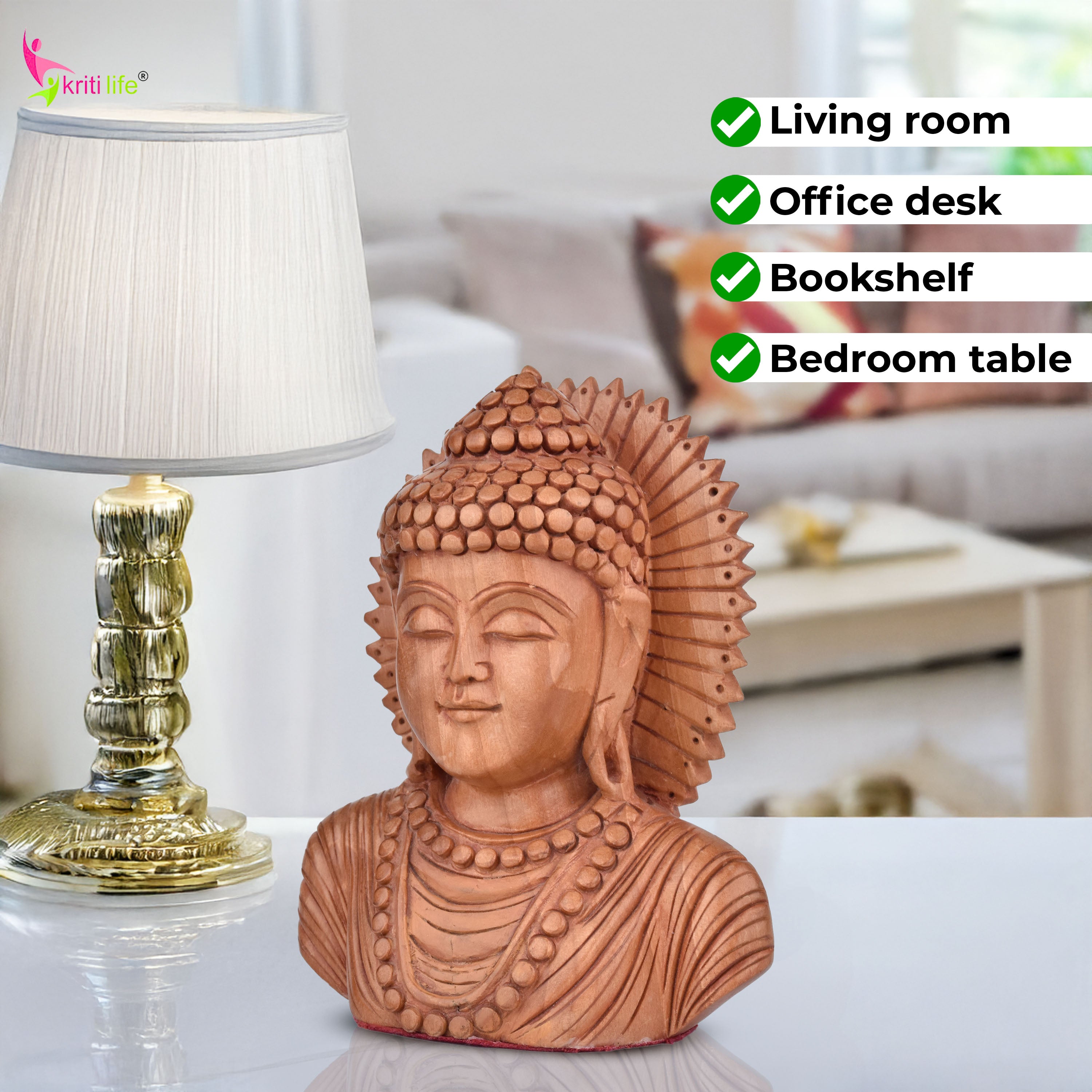 Wooden Buddha Head Showpiece  | Peaceful Decor for Home & Office- 4 inches