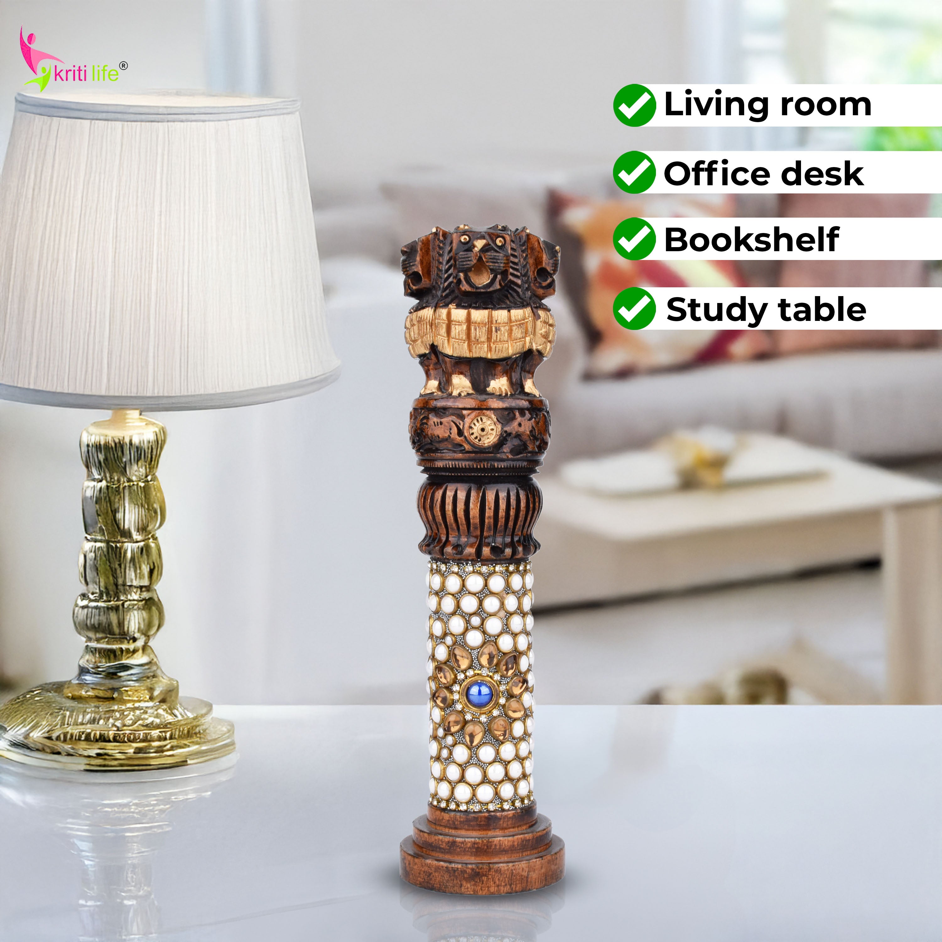 Wooden Ashok Stambh | National Emblem of India with Stone Work | 7.5 inches