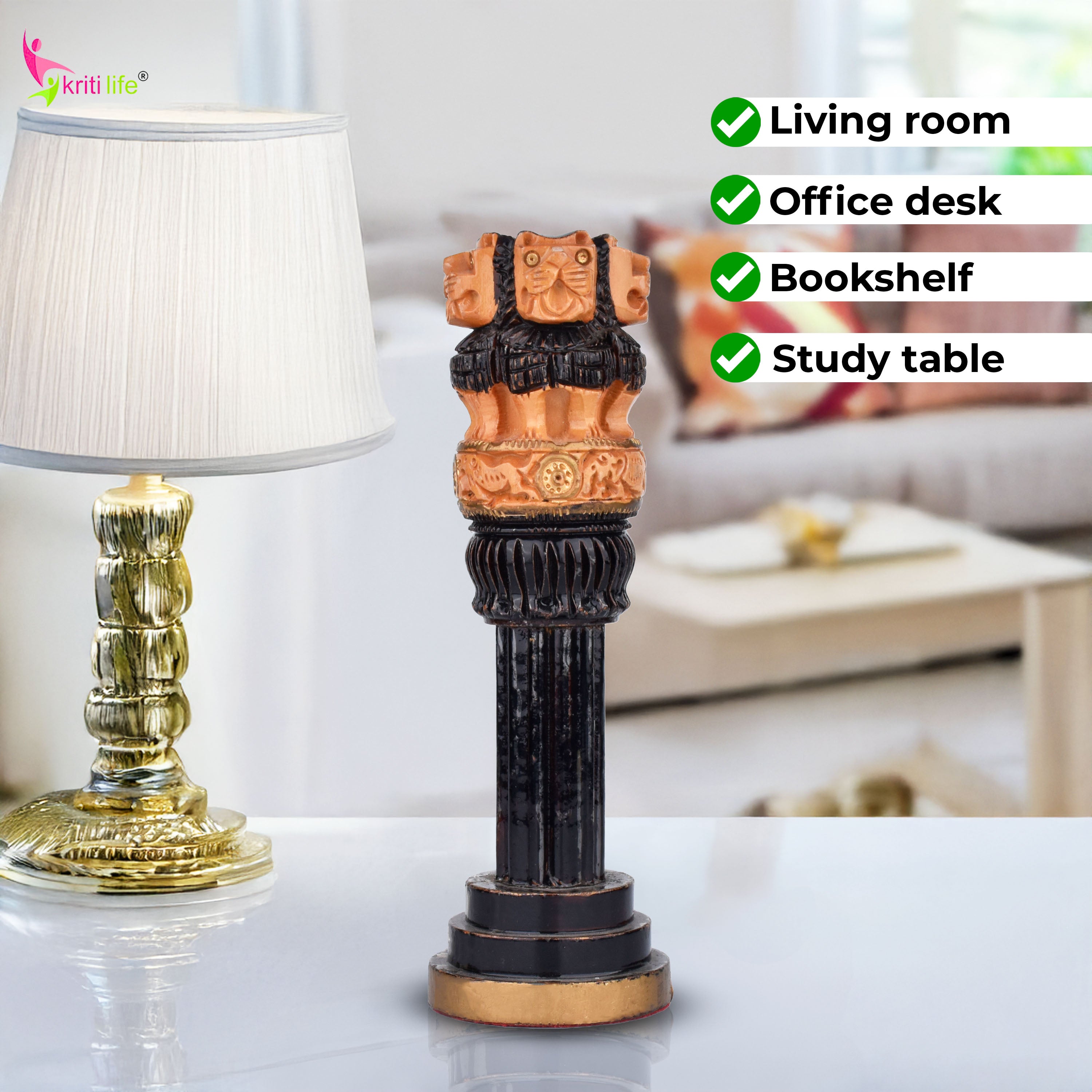 Wooden Ashok Stambh | National Emblem with Black & Natural Finish- 6 inches