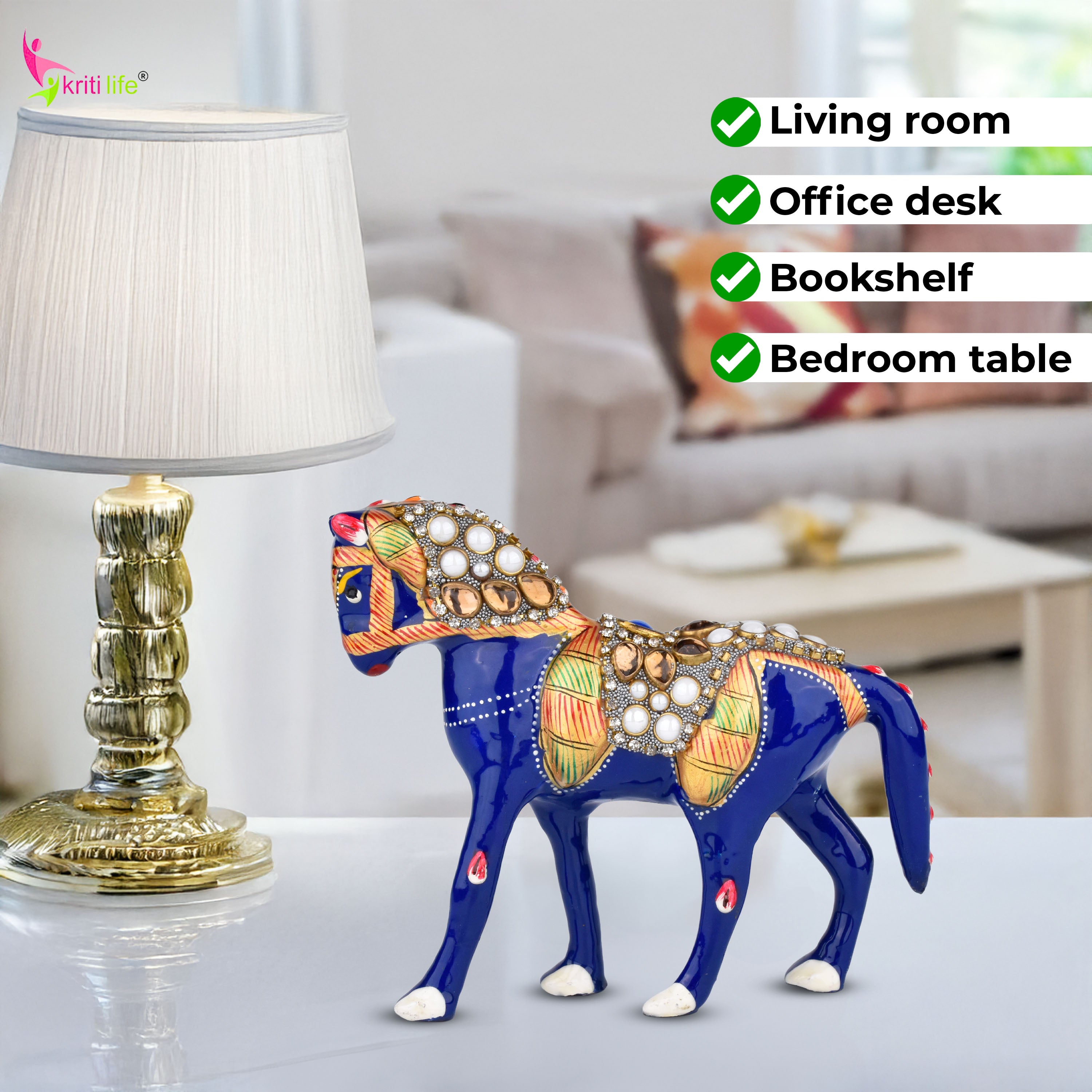 Handcrafted Royal Horse Showpiece | Enamel & Stone Decor | Aluminium | 4 inches