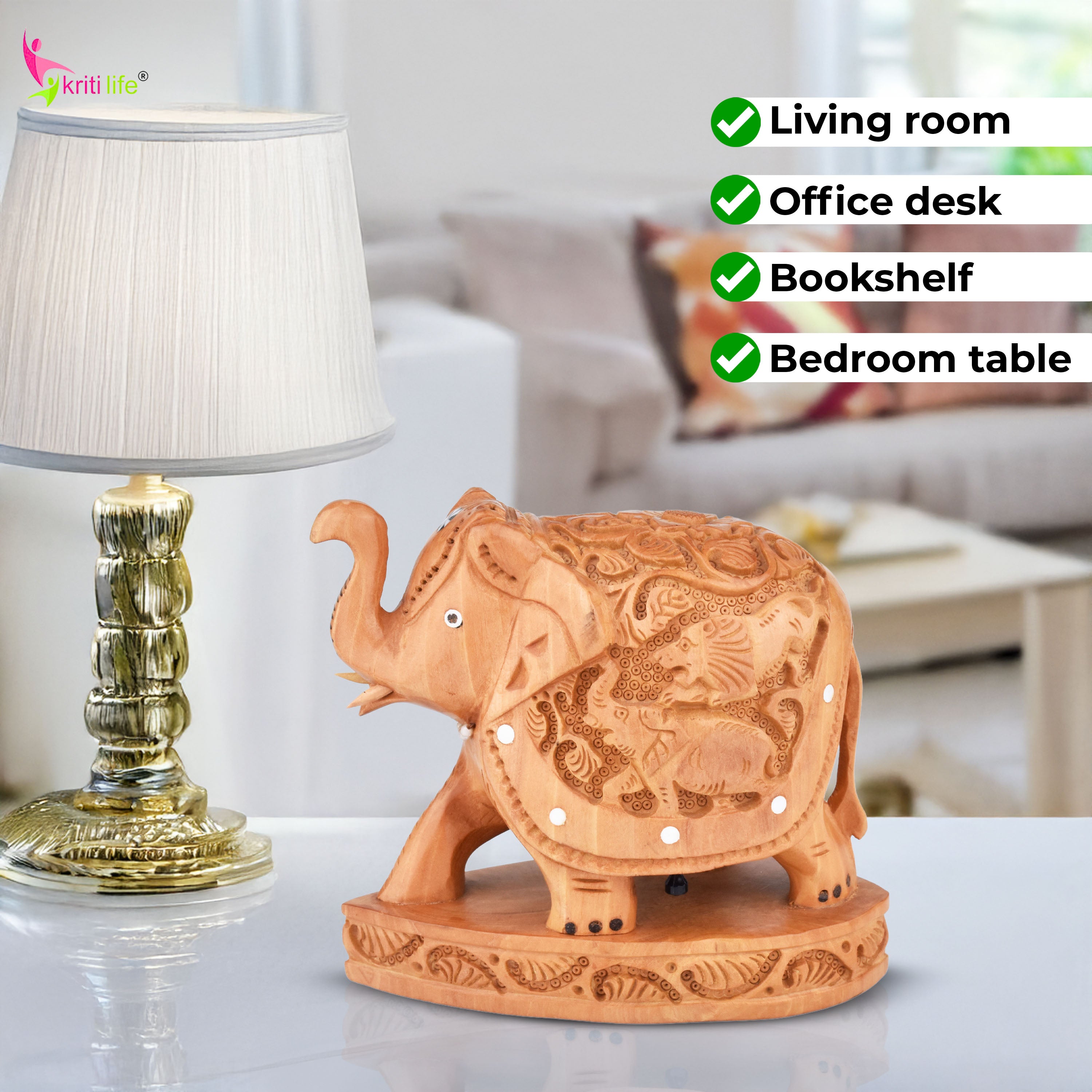 Wooden Elephant Showpiece | Detailed Animal Carving Decor- 5.5 inches