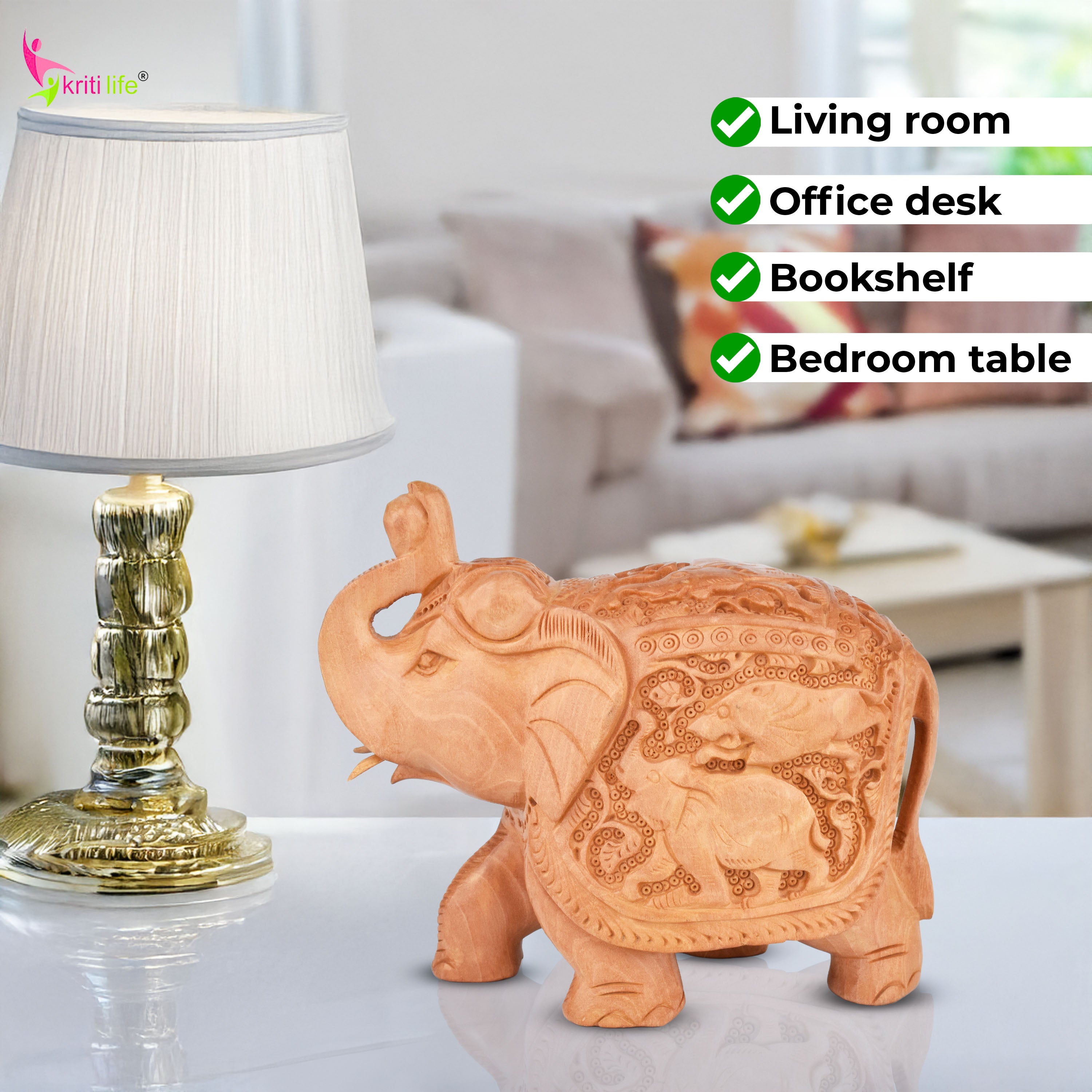Handcrafted Wooden Elephant Showpiece | Intricate Animal Carving Decor- 6 inches