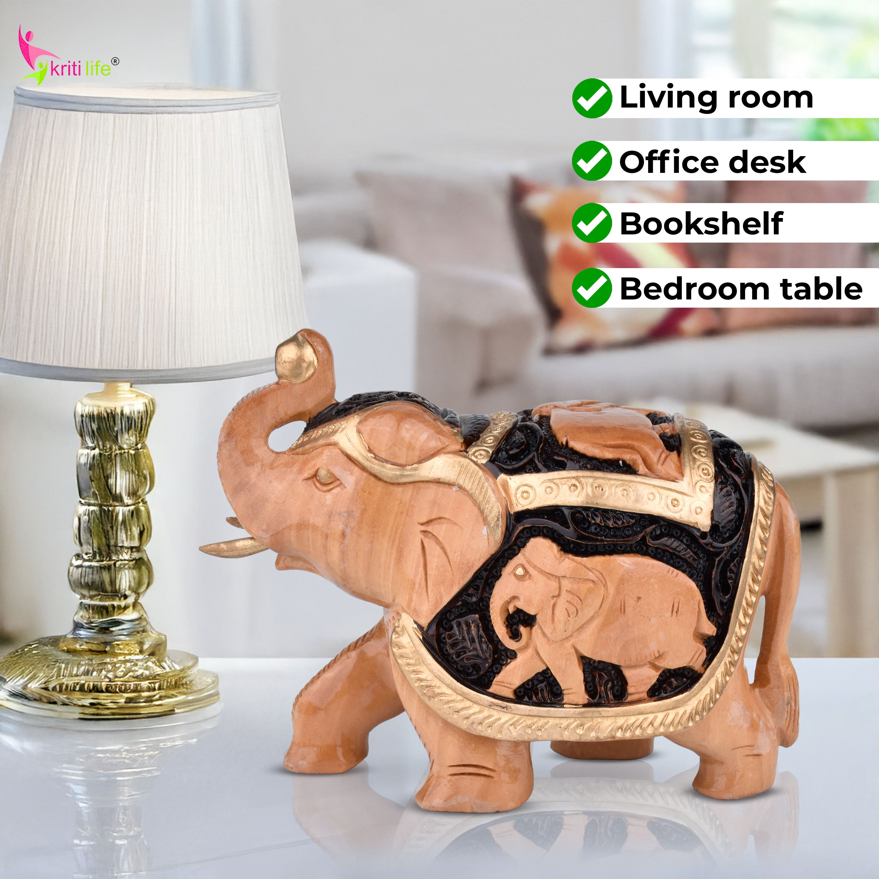Handcrafted Wooden Elephant with Baby Elephant Carving | Natural Finish Decor-5 inches